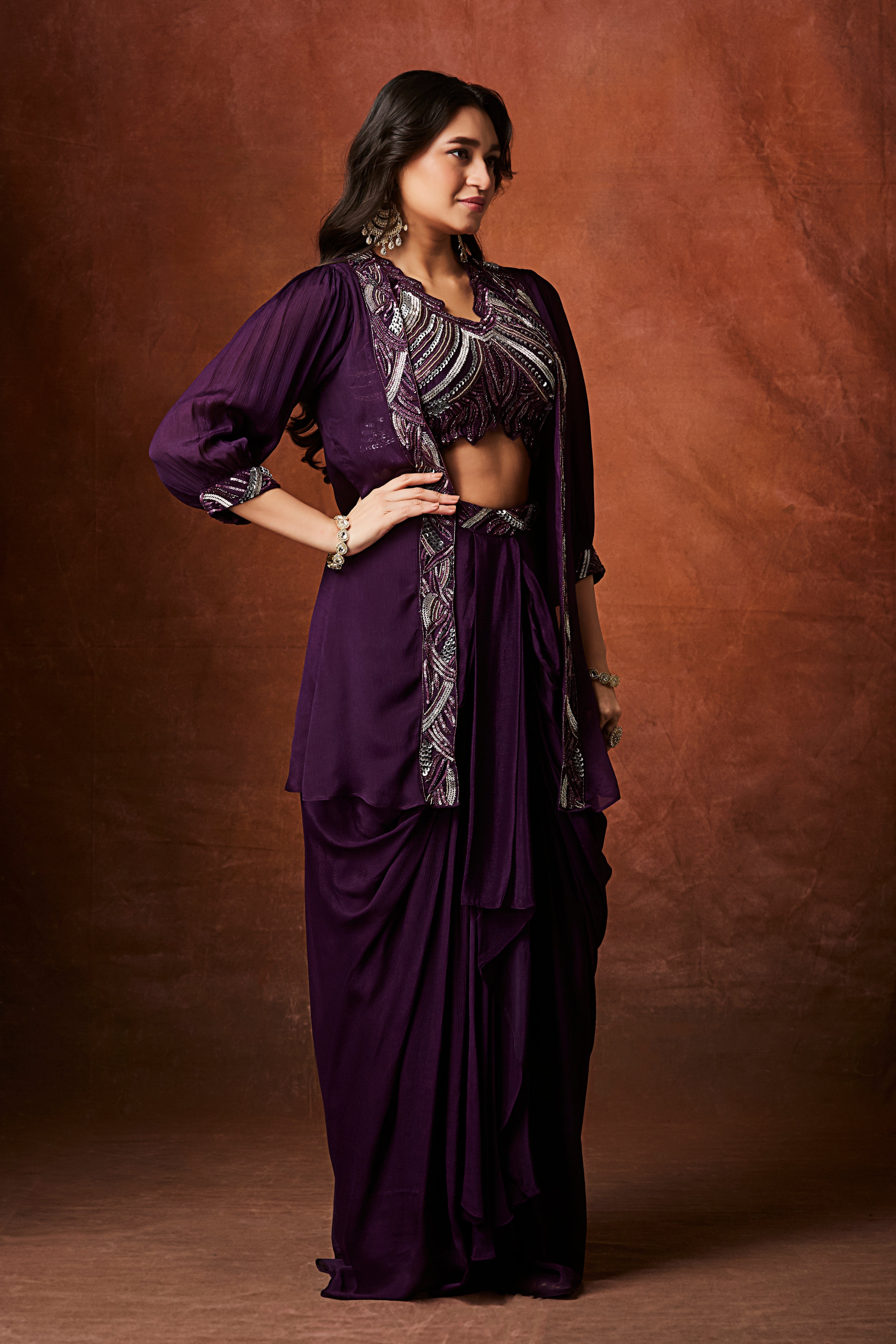 Deep Purple Embellished Chinon Silk Skirt Set