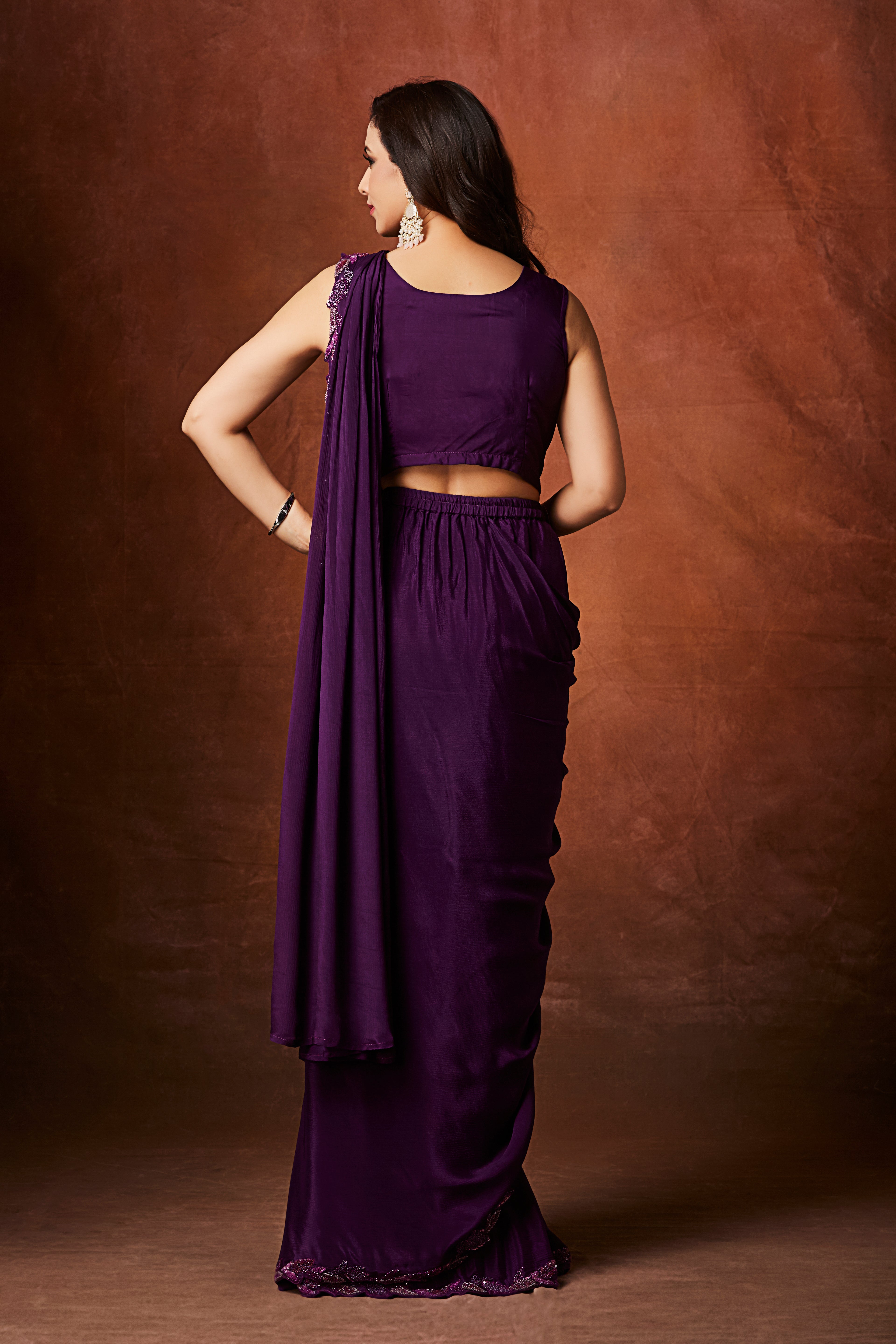 Plum Purple Embellished Chinon Silk Drape Saree