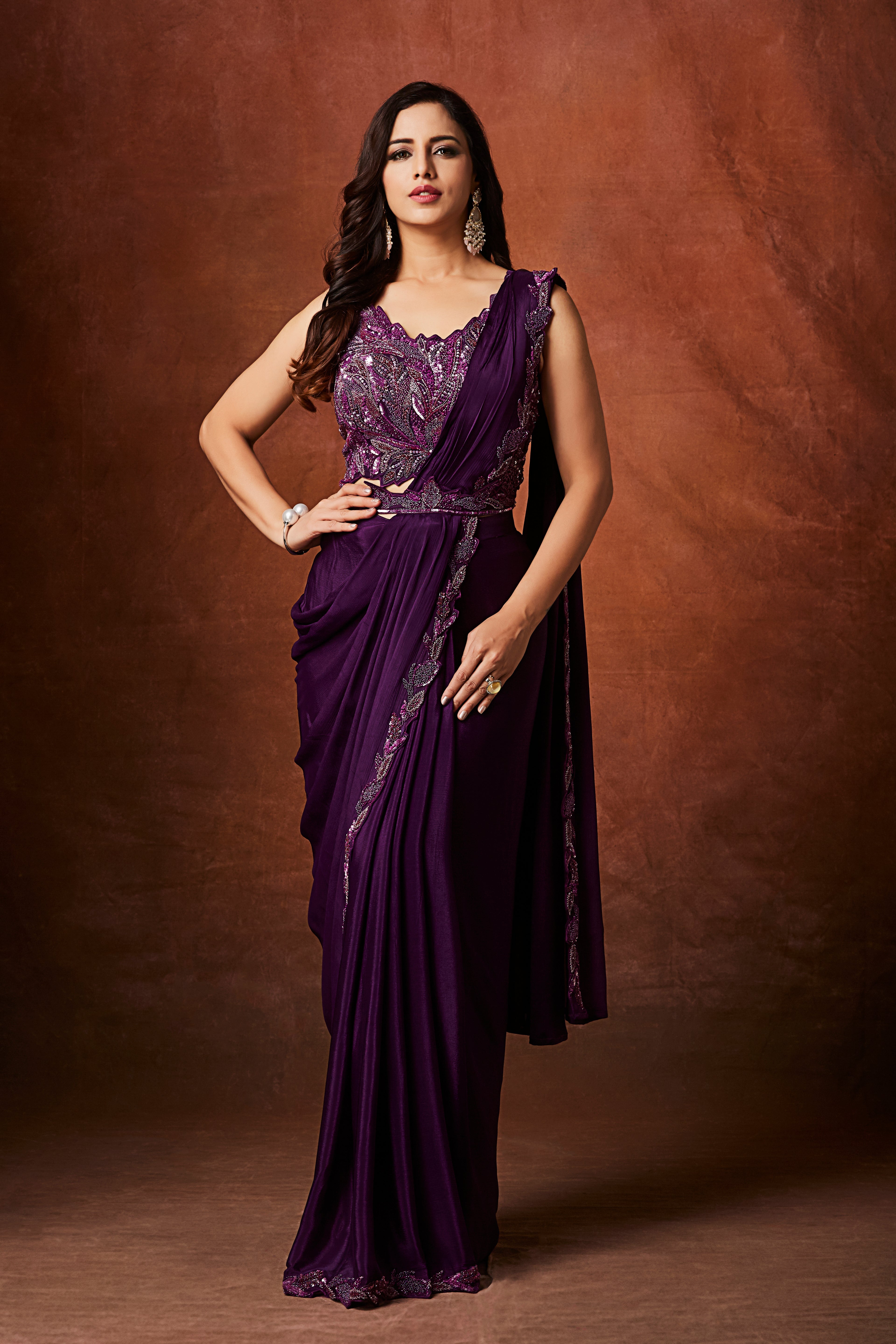 Plum Purple Embellished Chinon Silk Drape Saree