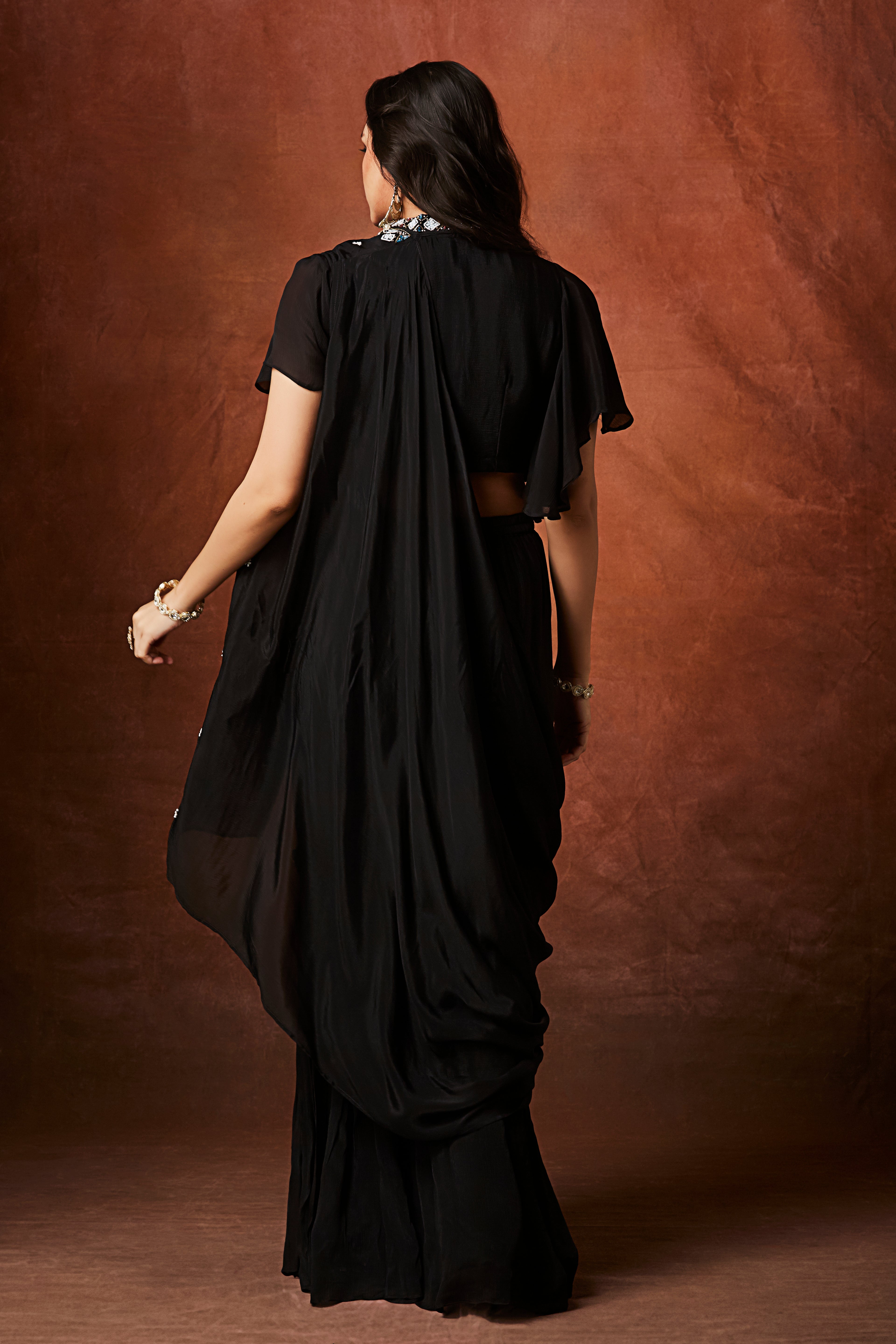 Coal Black Embellished Chinon Silk Palazzo Set