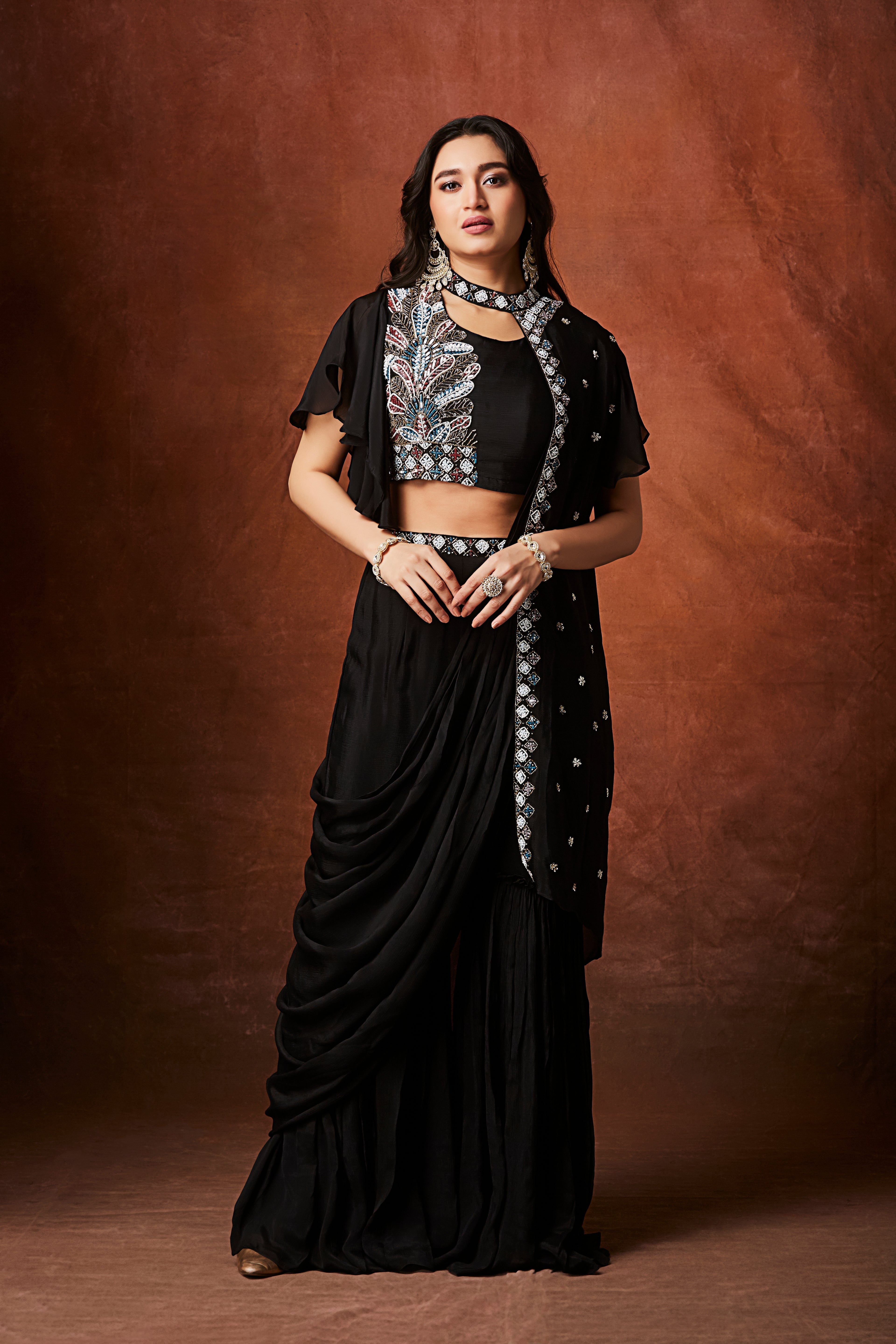 Coal Black Embellished Chinon Silk Palazzo Set