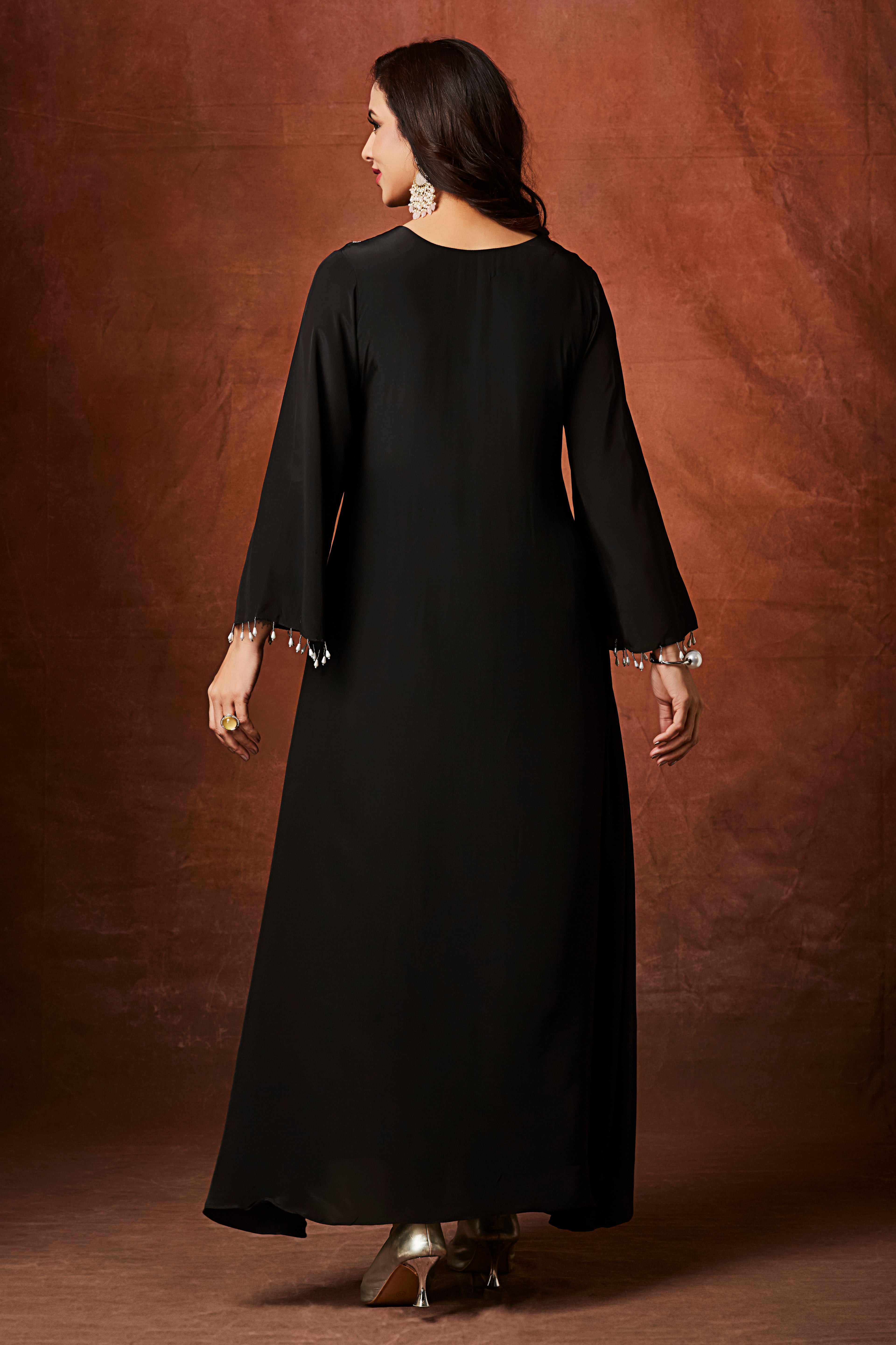 Jet Black Embellished Chinon Silk Kurta Set