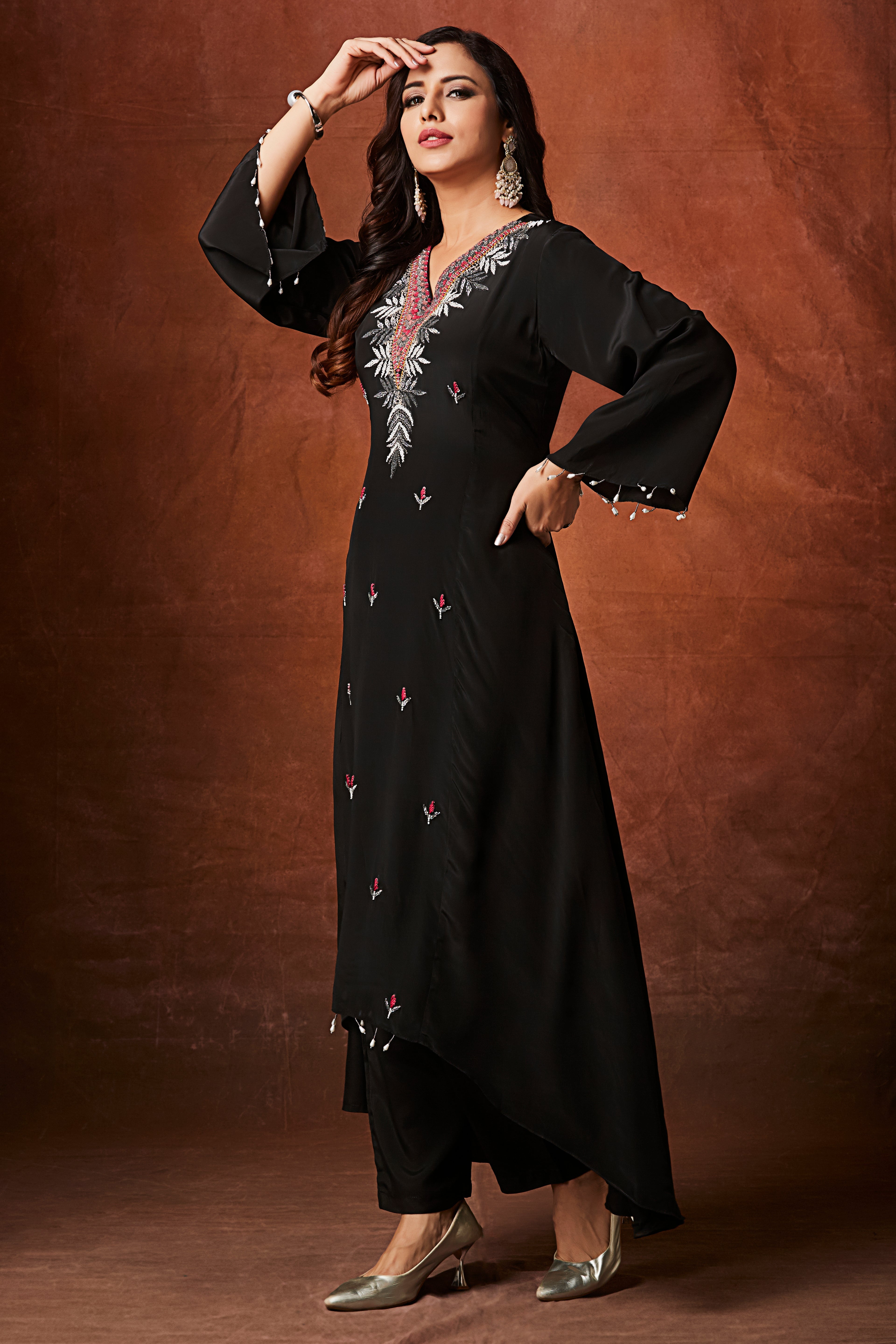 Jet Black Embellished Chinon Silk Kurta Set