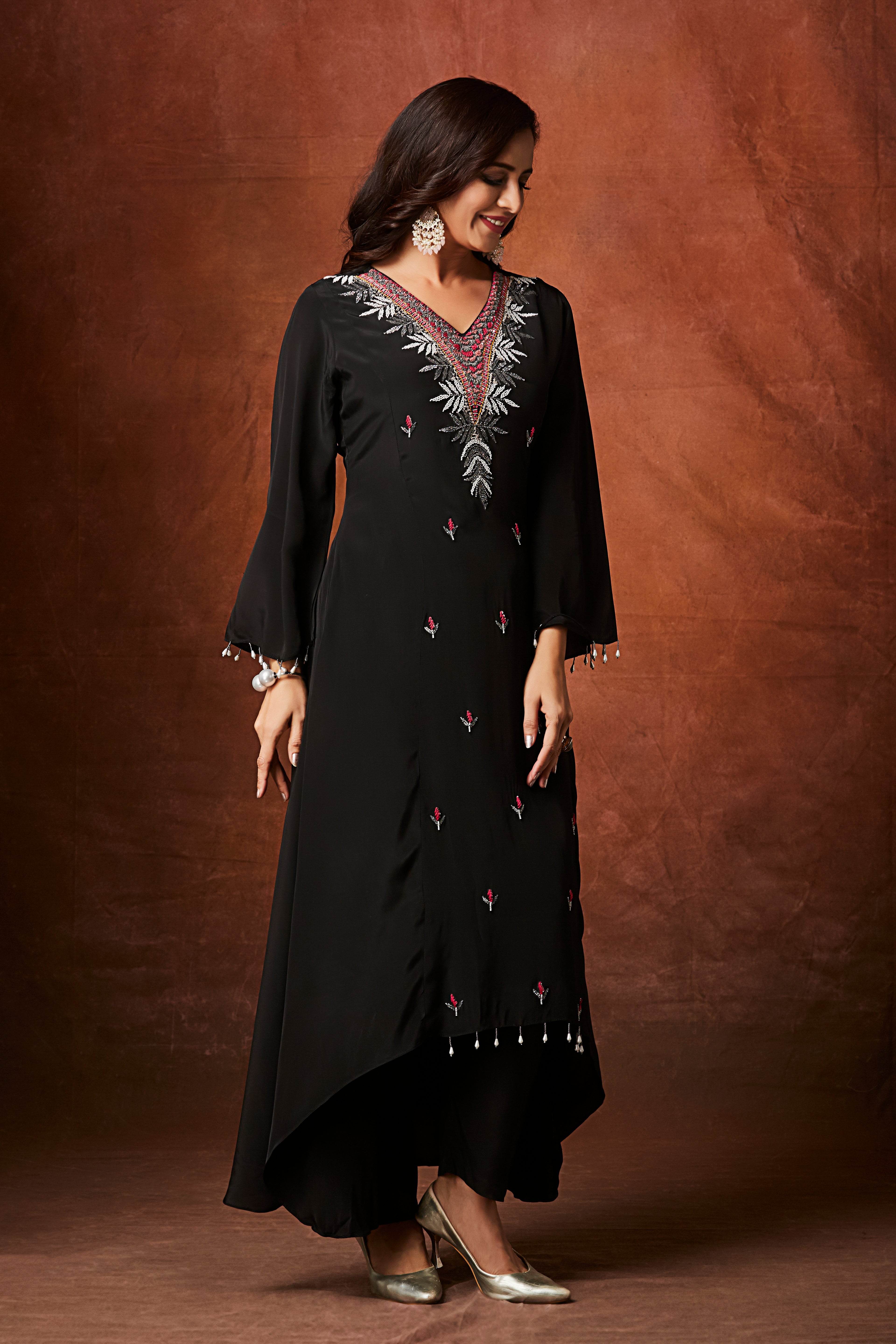 Jet Black Embellished Chinon Silk Kurta Set