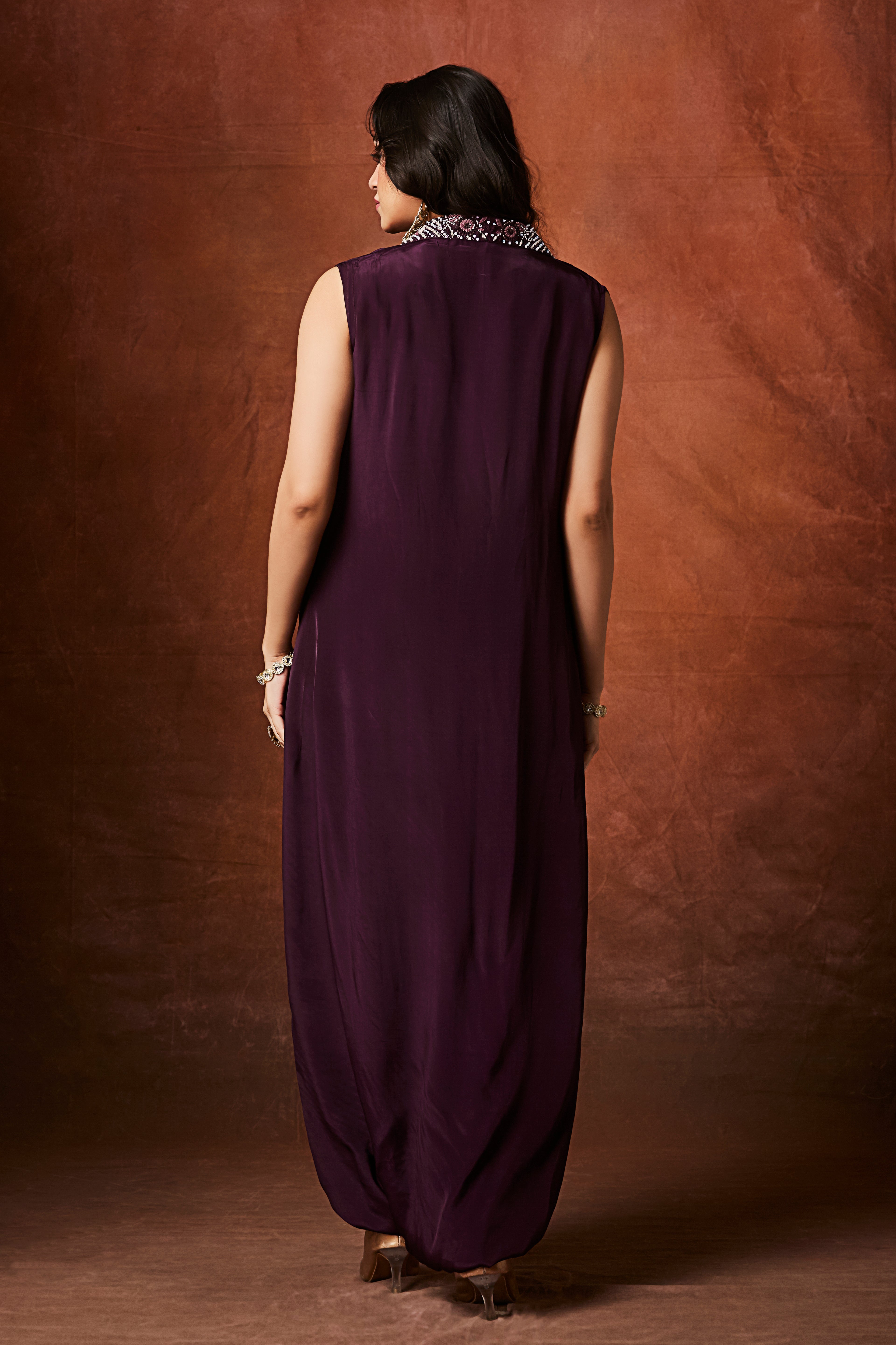 Deep Wine Embellished Chinon Silk Cowl Dress