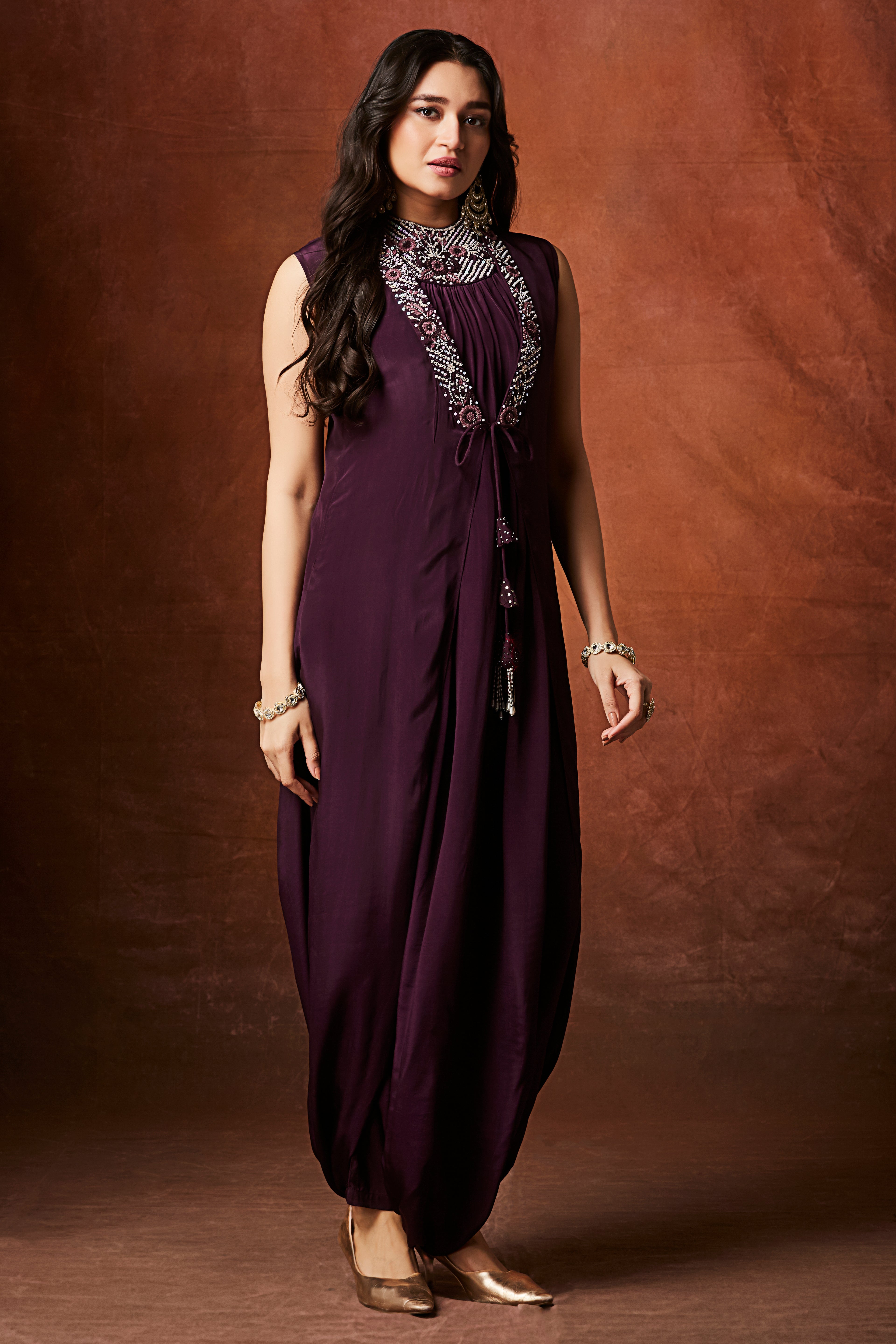 Deep Wine Embellished Chinon Silk Cowl Dress