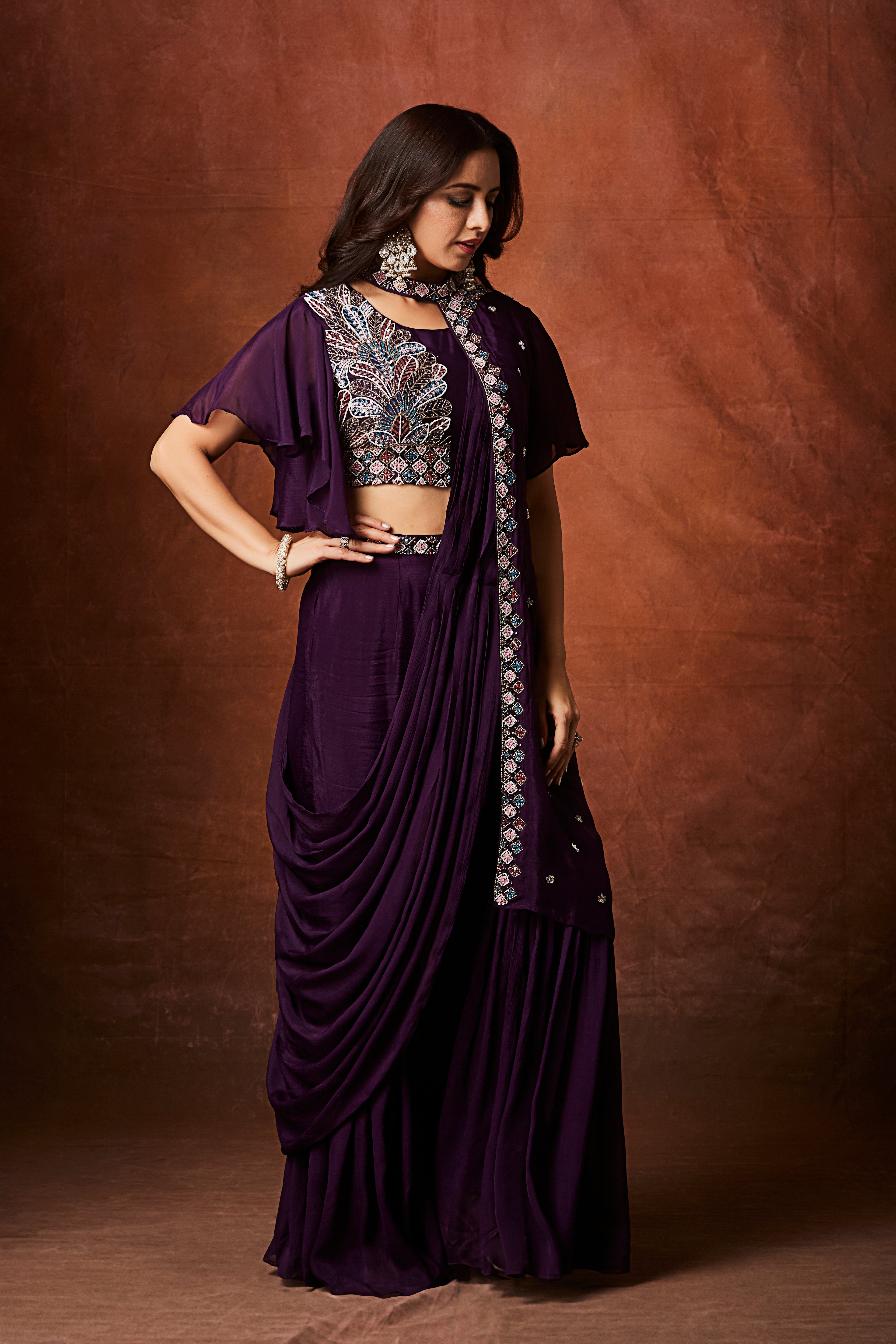 Imperial Plum Embellished Chinon Silk Palazzo Set