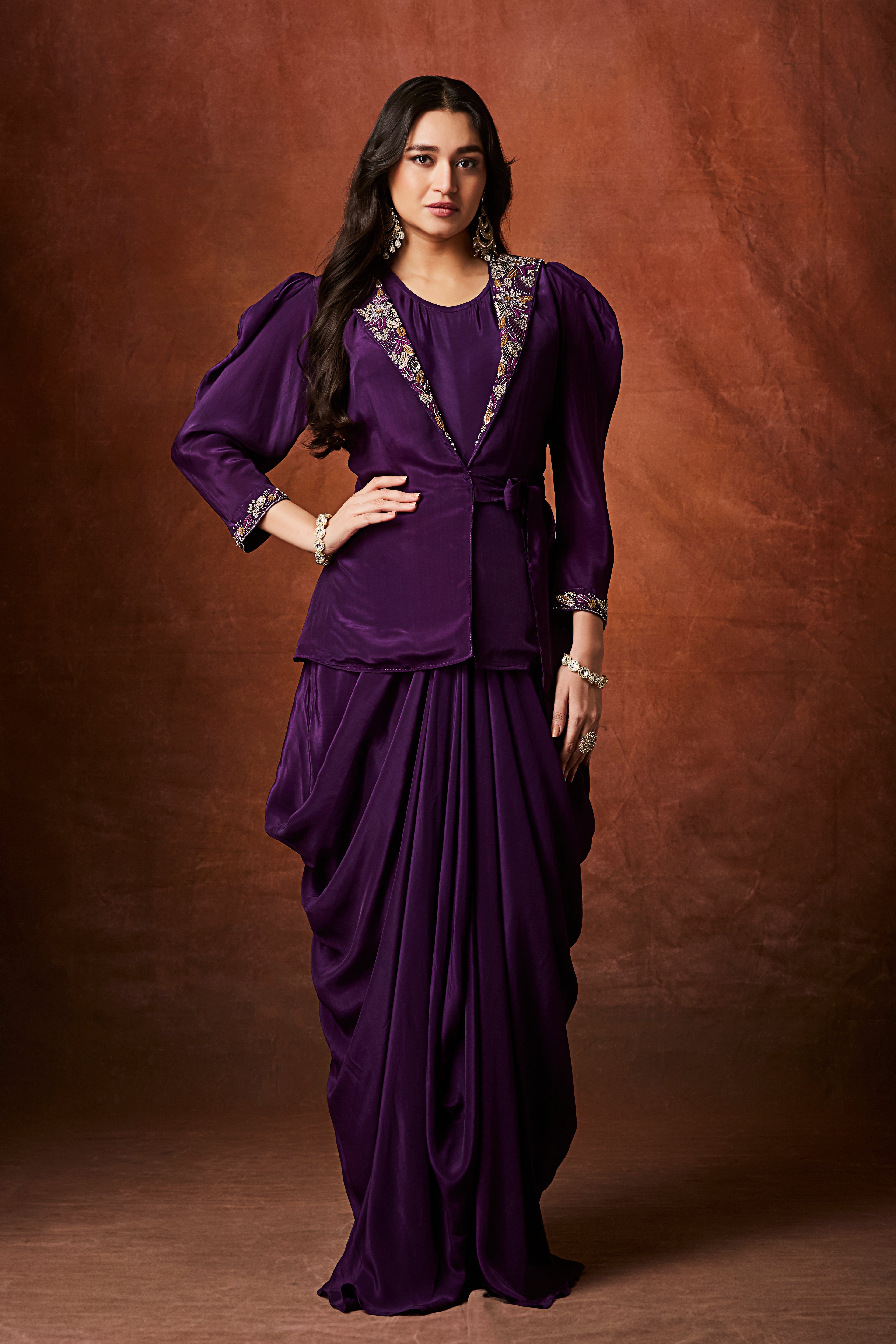 Regal Violet Embellished Crepe Silk Skirt Set