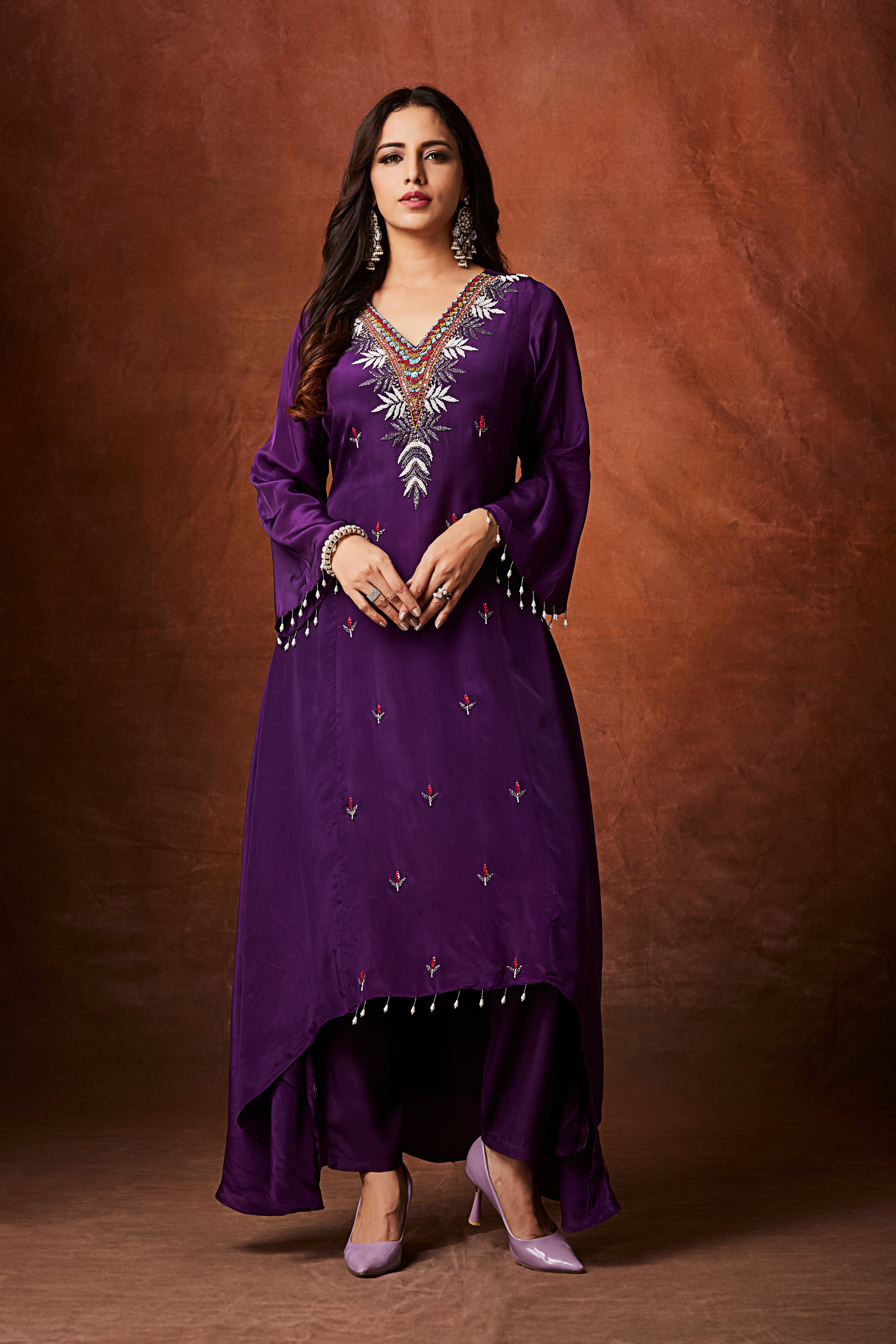Deep Purple Embellished Chinon Silk Kurta Set
