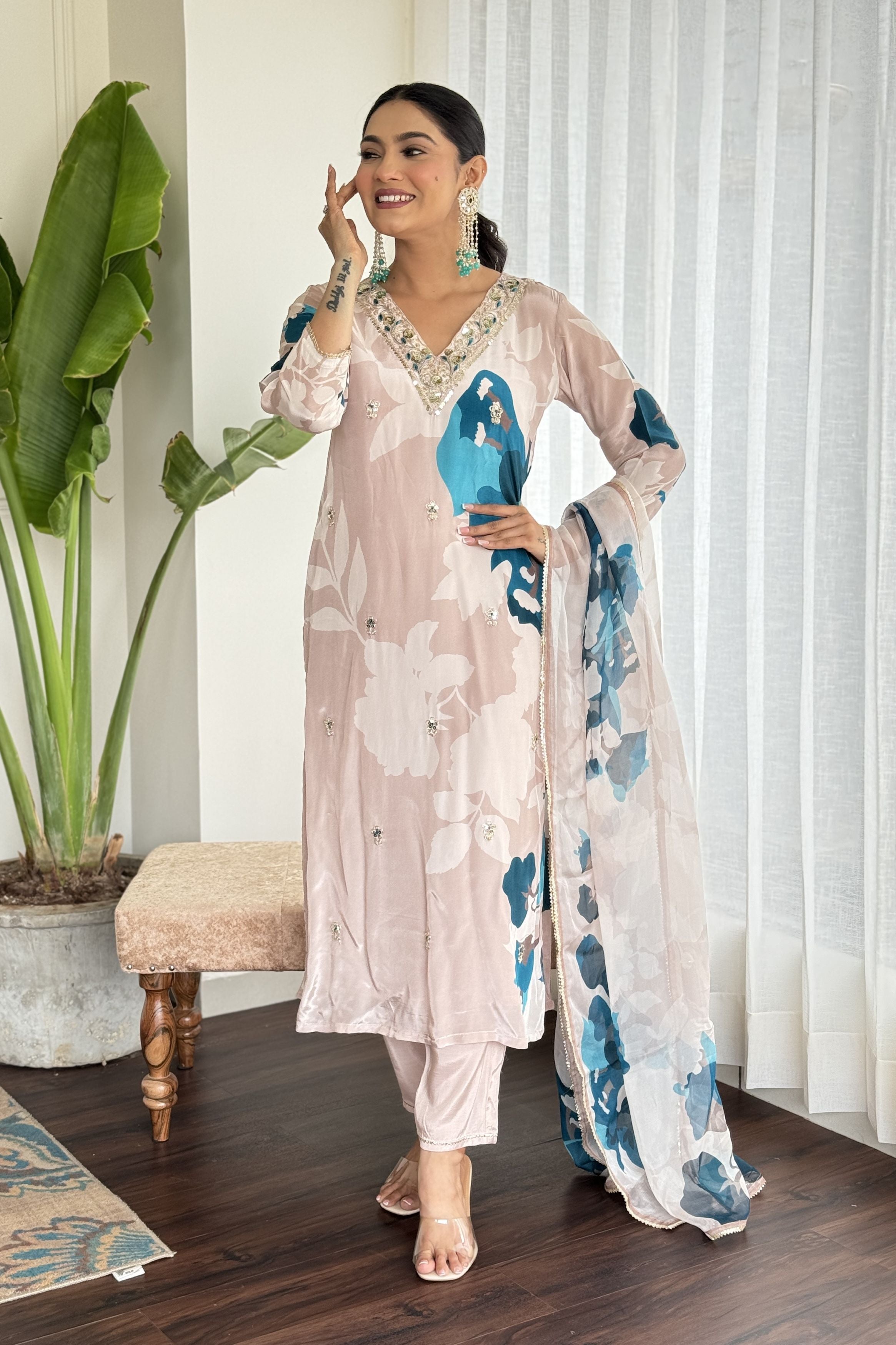 Pastel Beige Embellished Muslin Silk Kurta Pant Set