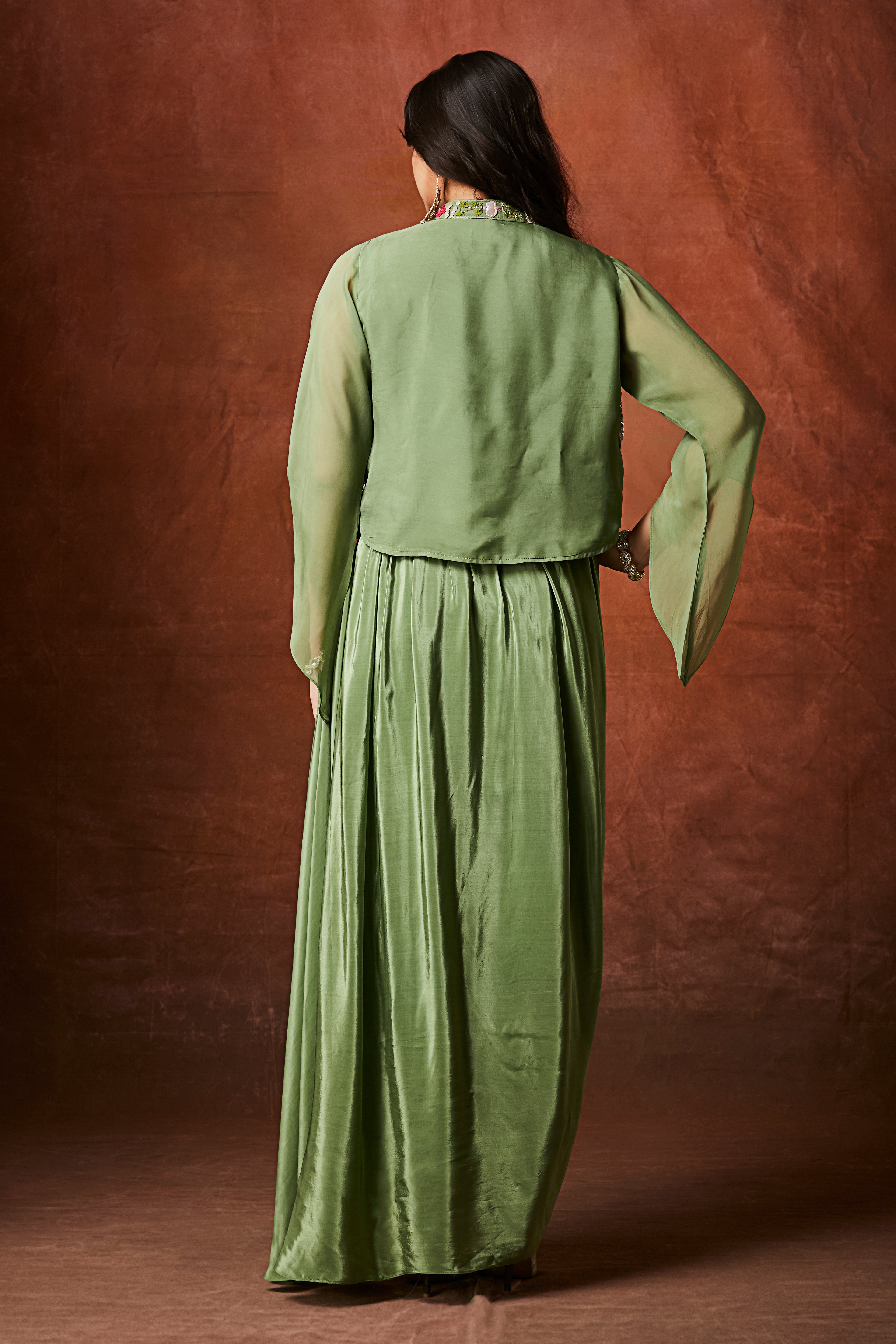 Sage Green Embellished Crepe Silk Skirt Set