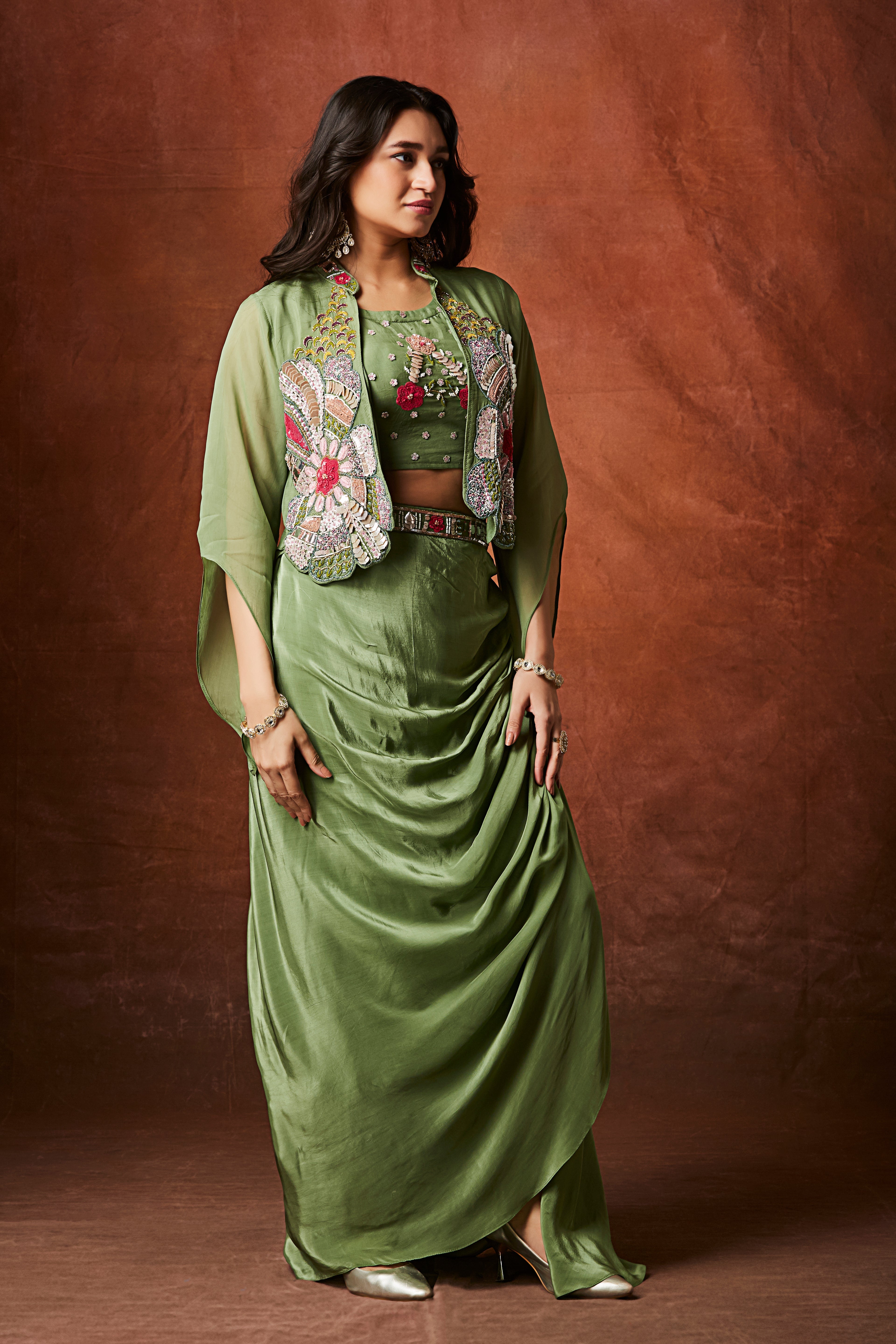 Sage Green Embellished Crepe Silk Skirt Set