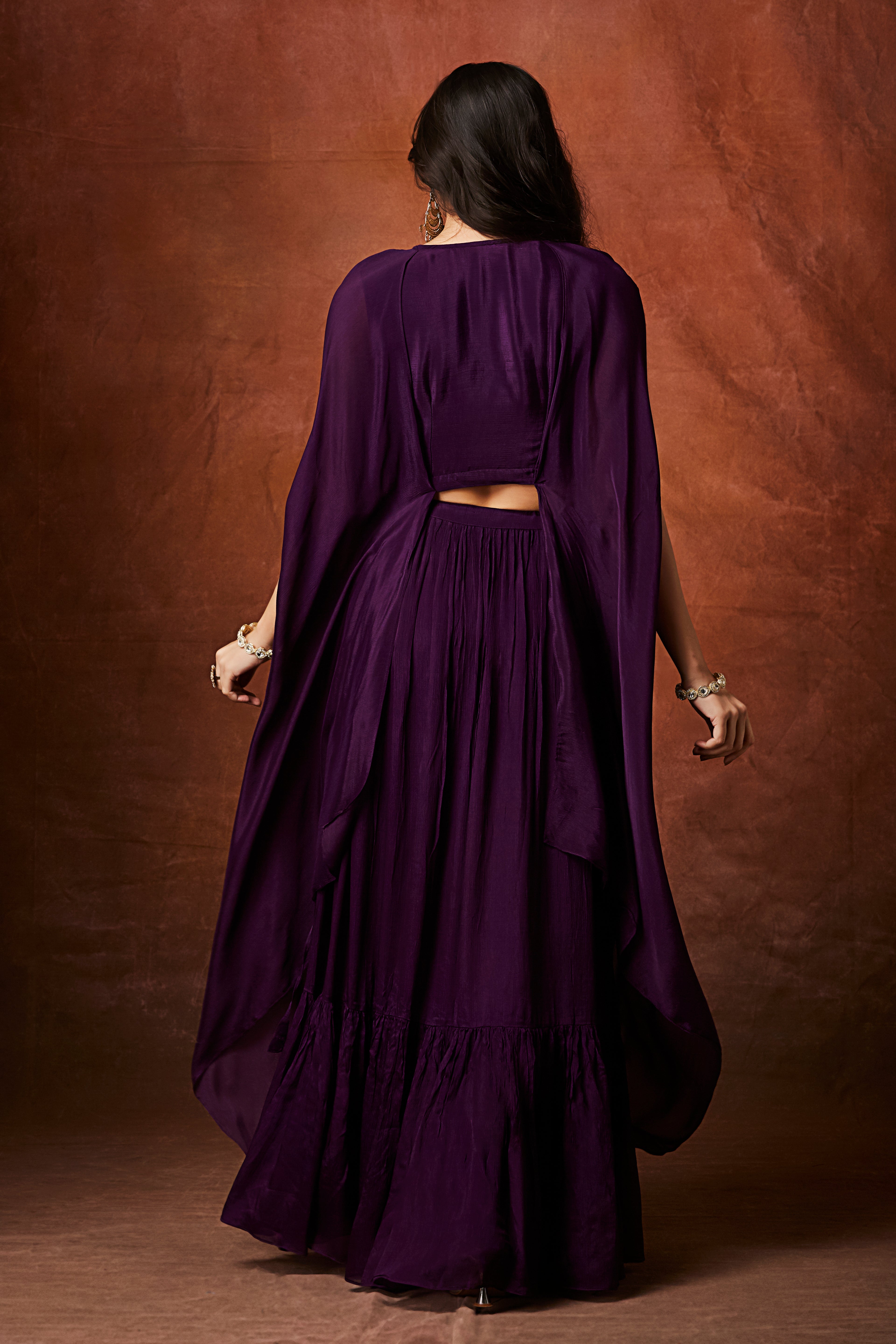 Royal Purple Embellished Chinon Silk Skirt Set