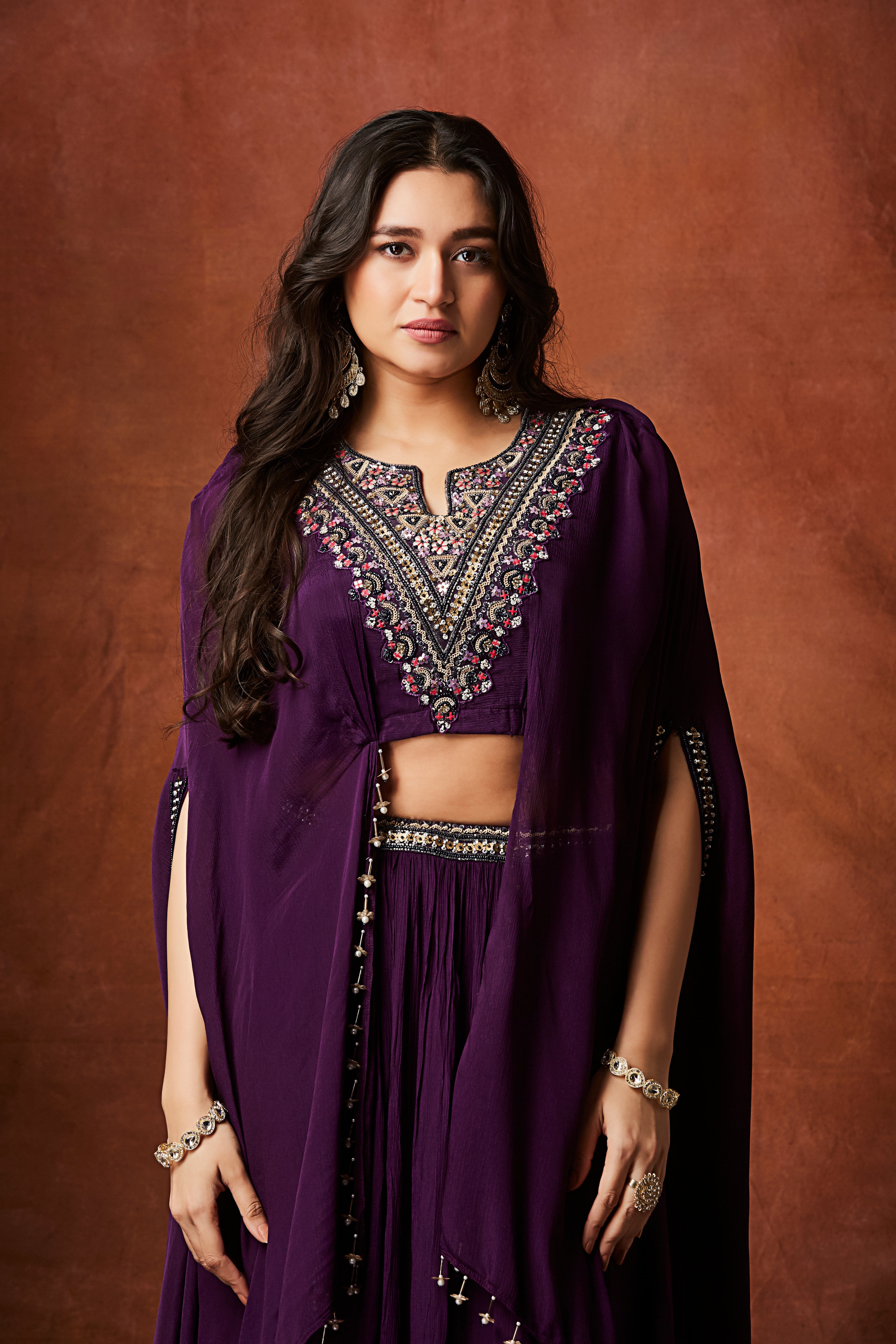 Royal Purple Embellished Chinon Silk Skirt Set