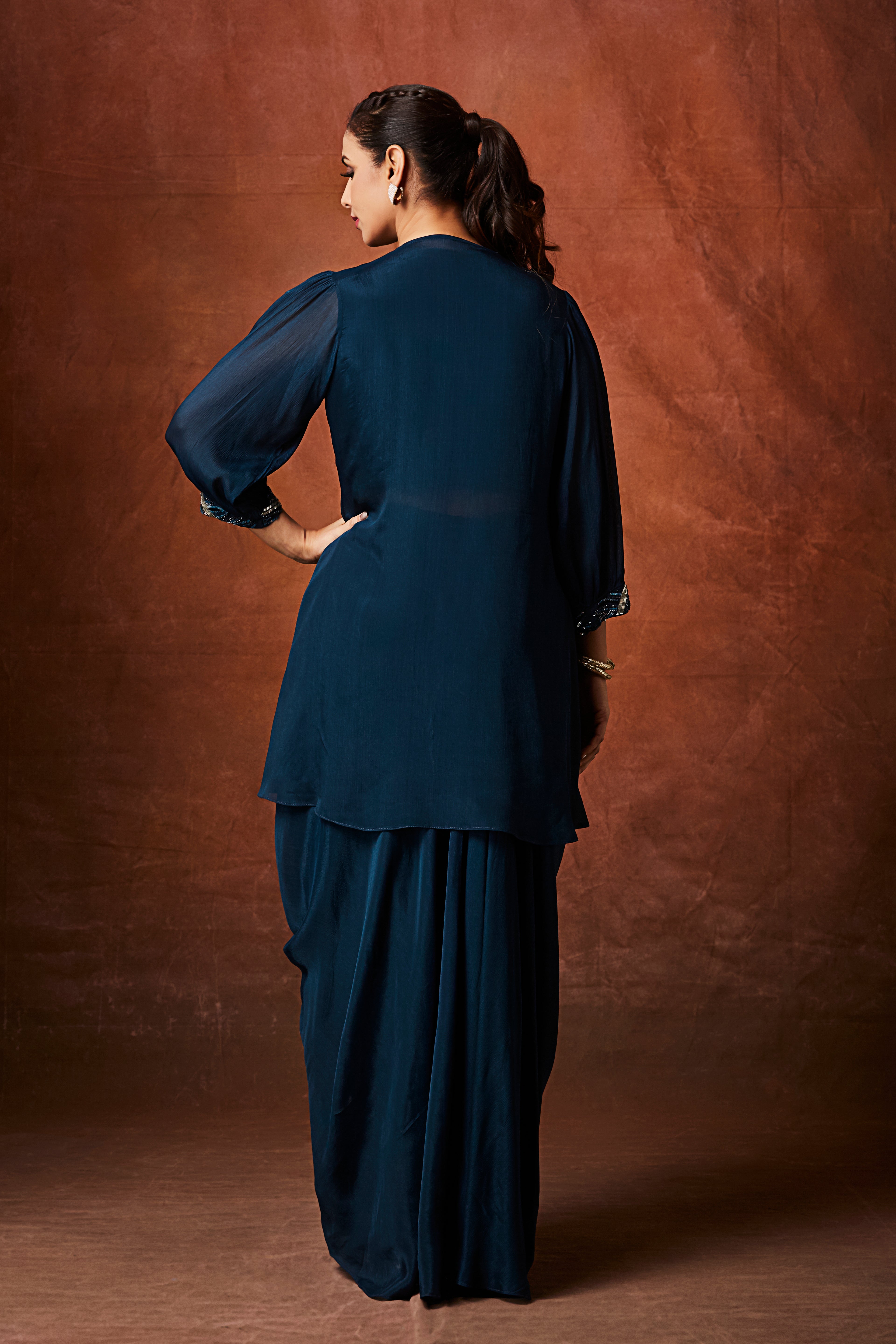 Tropical Teal Embellished Chinon Silk Skirt Set