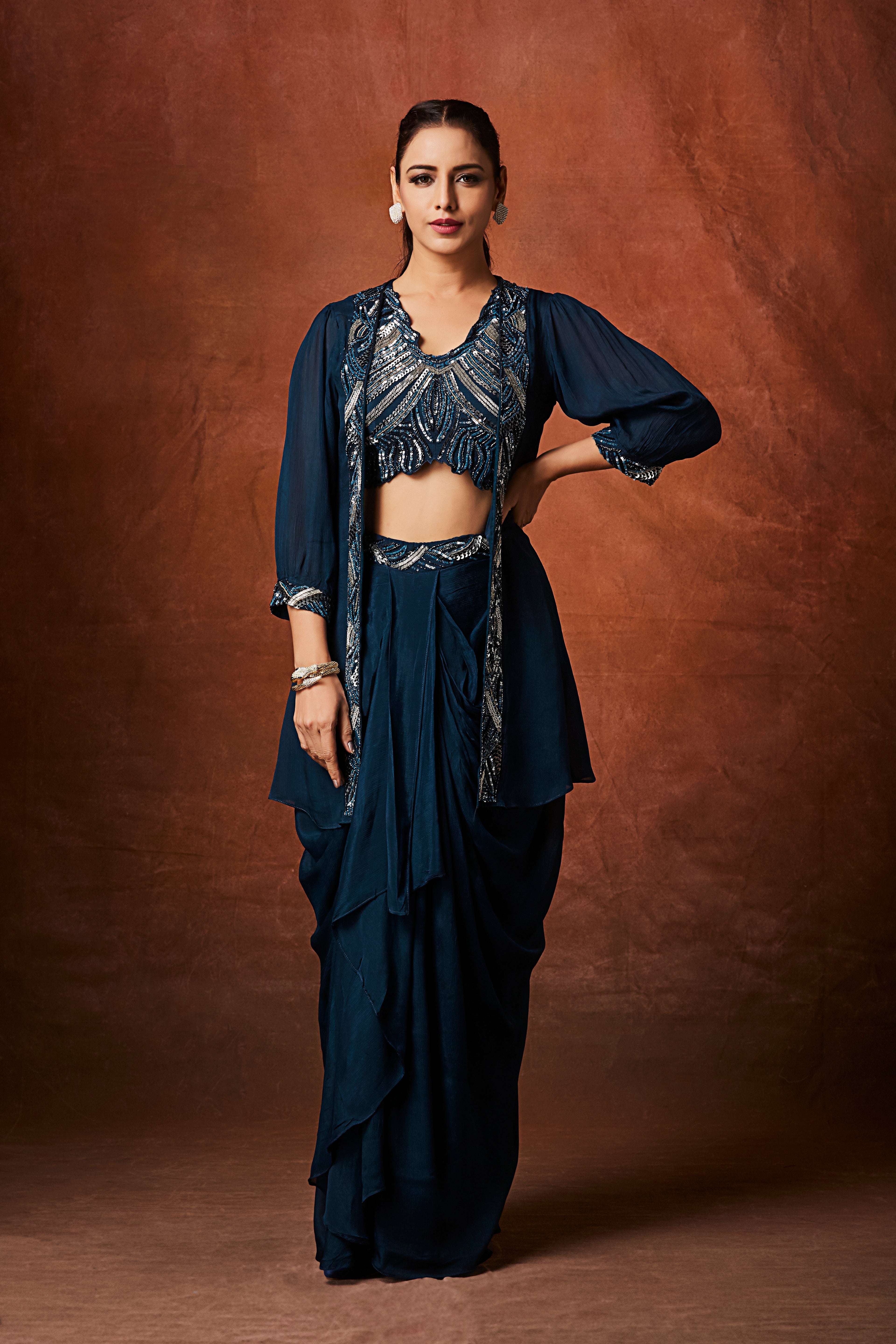 Tropical Teal Embellished Chinon Silk Skirt Set