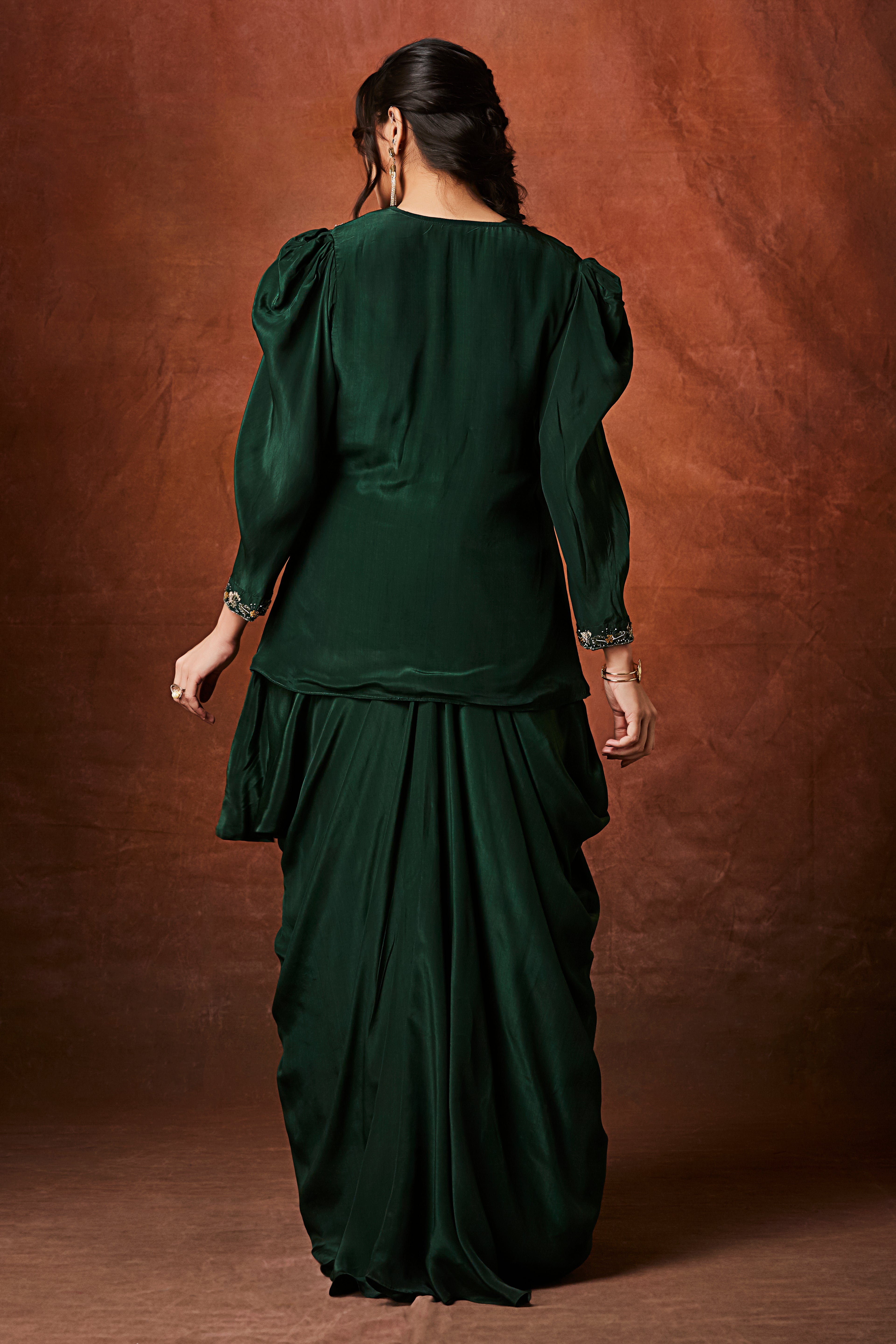 Emerald Green Embellished Crepe Silk Skirt Set