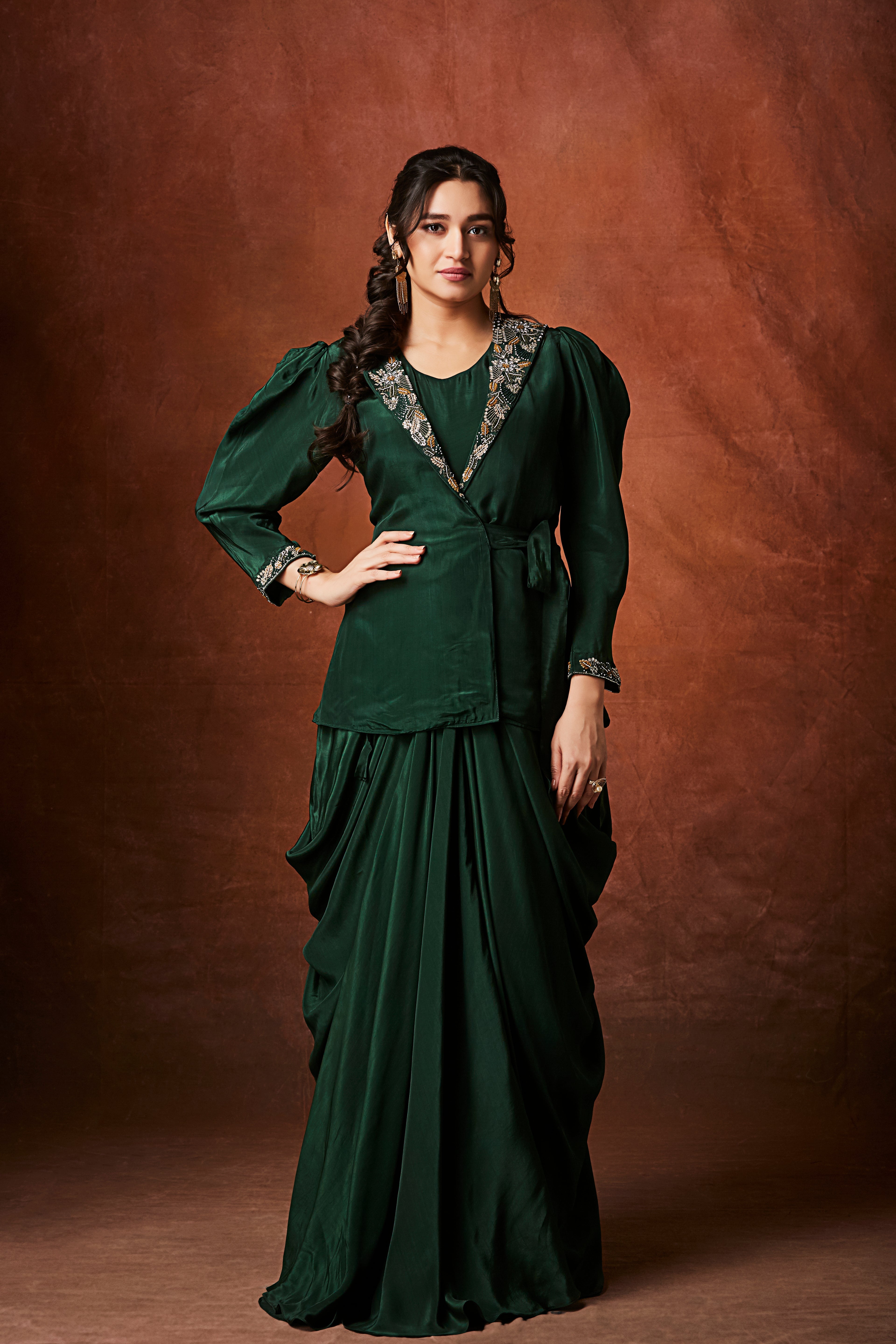 Emerald Green Embellished Crepe Silk Skirt Set