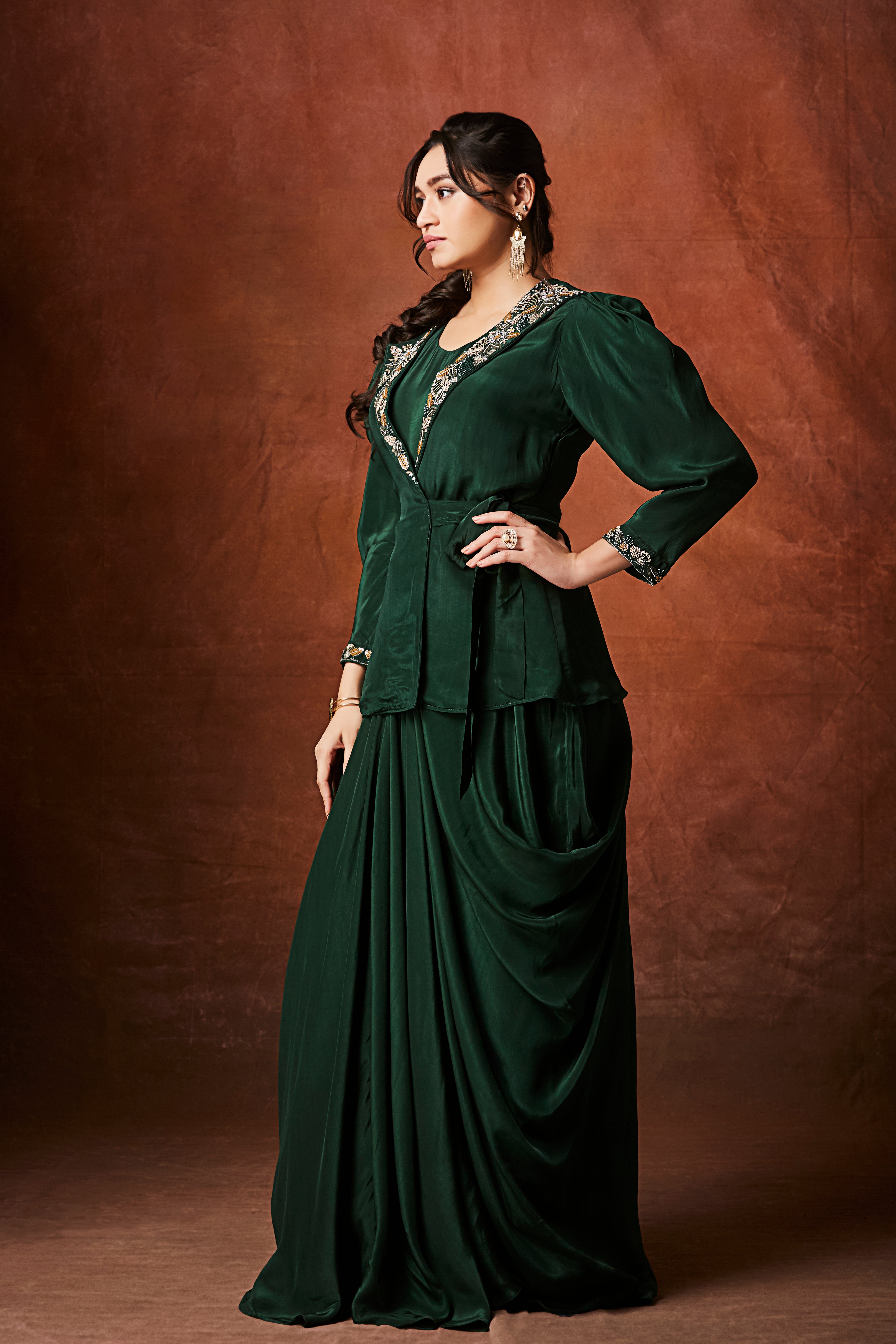 Emerald Green Embellished Crepe Silk Skirt Set
