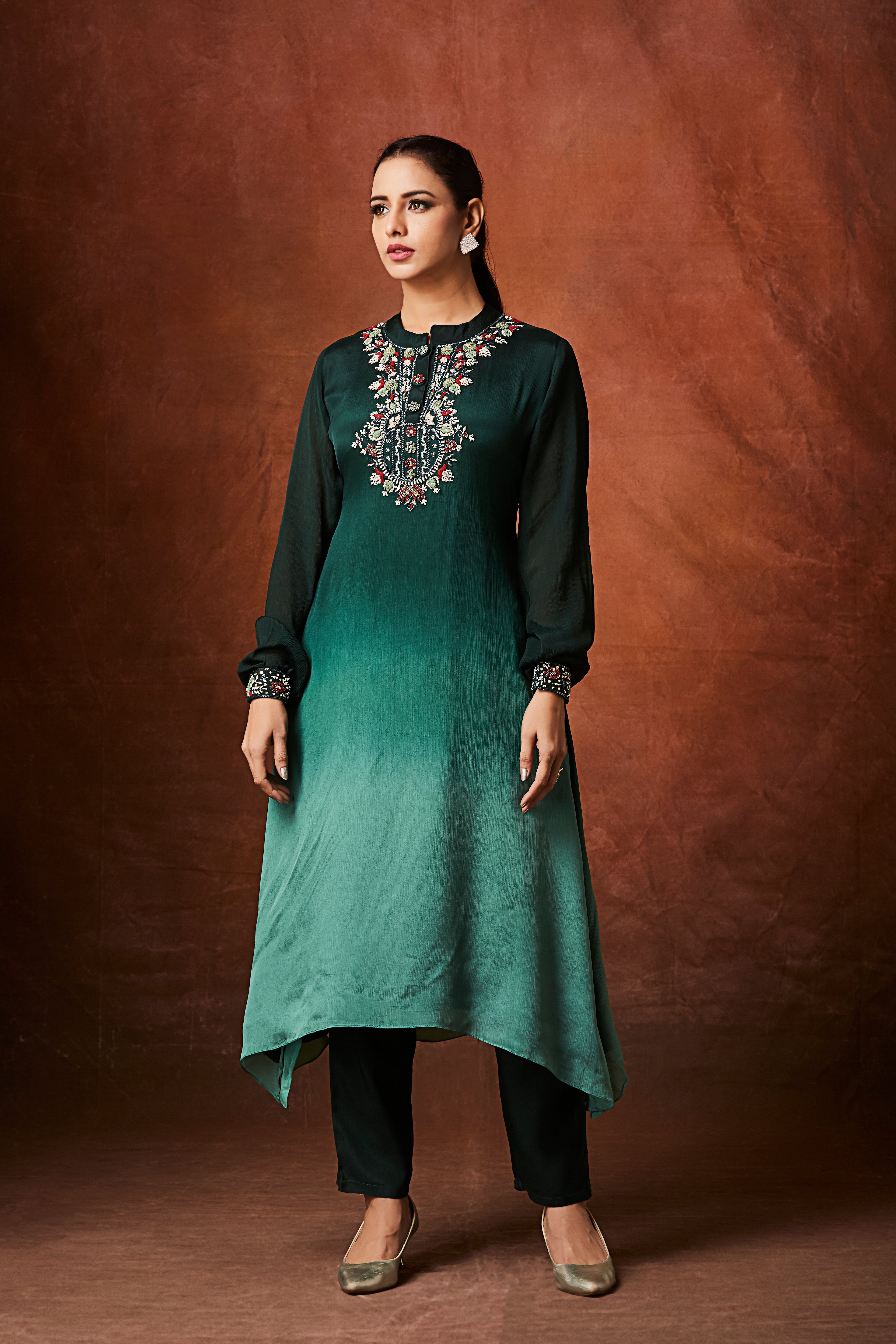 Dark Green to Sea Green Ombre Chinon Silk Kurta Set