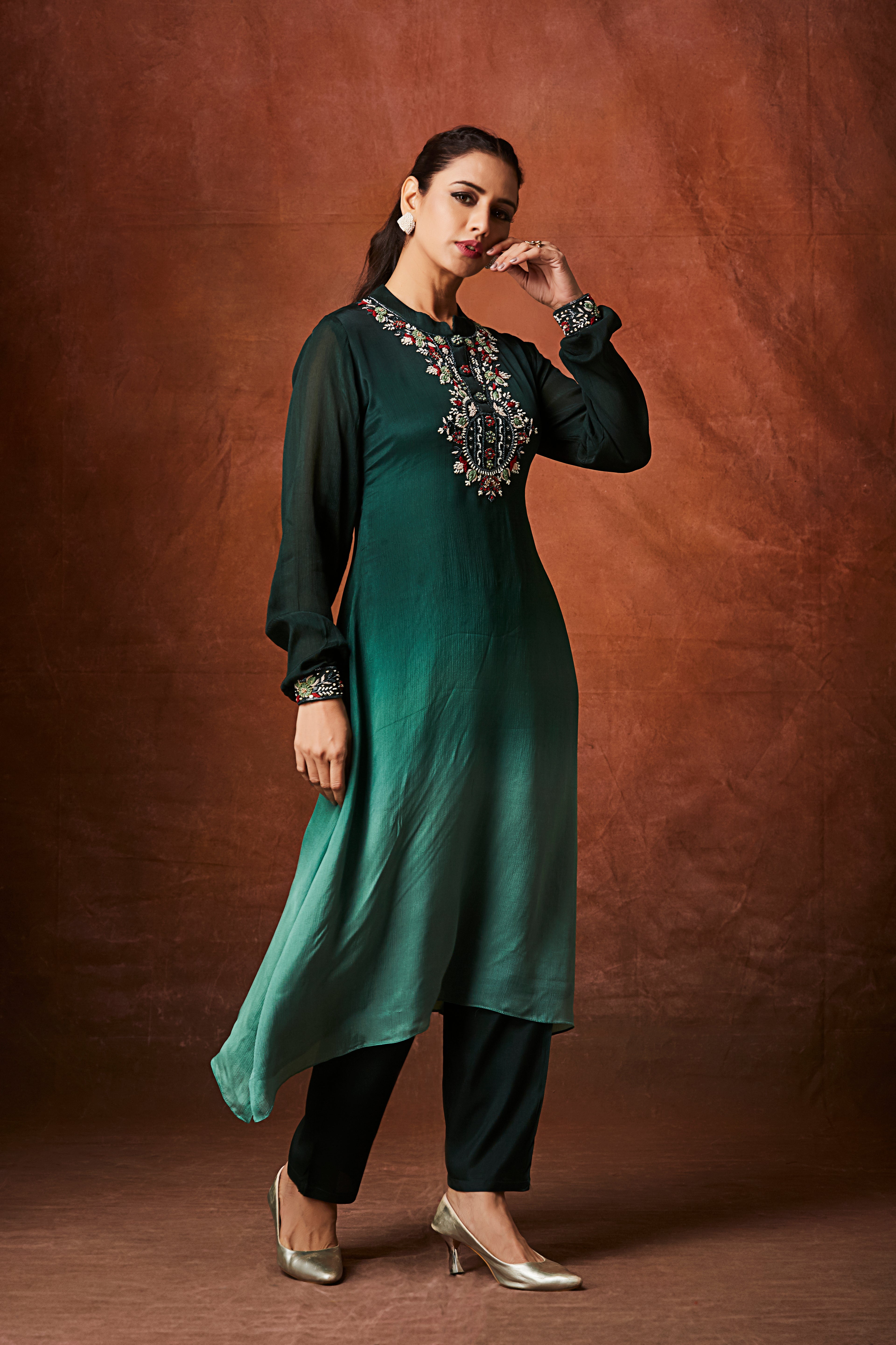 Dark Green to Sea Green Ombre Chinon Silk Kurta Set