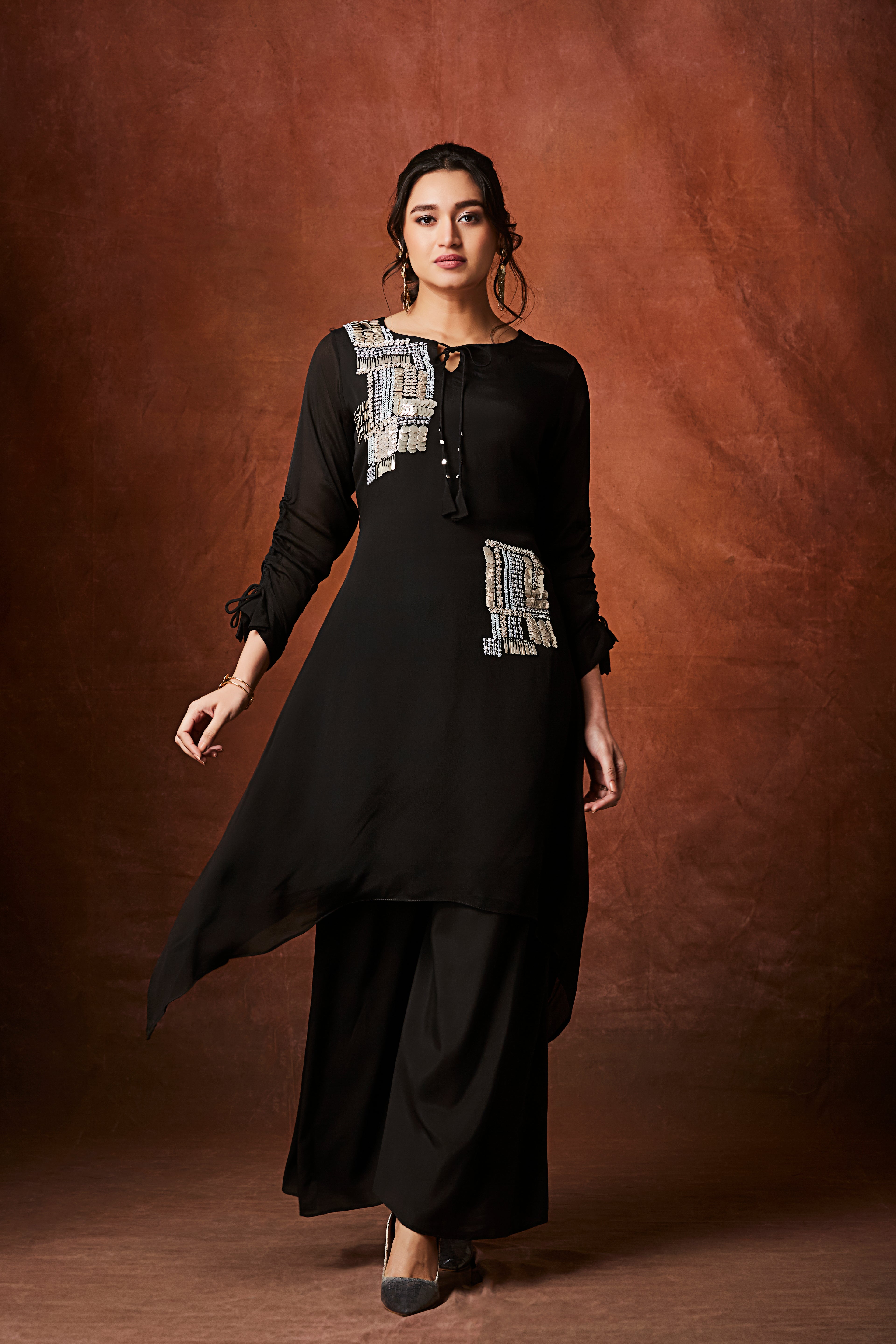 Black Embellished Chinon Silk Palazzo Set