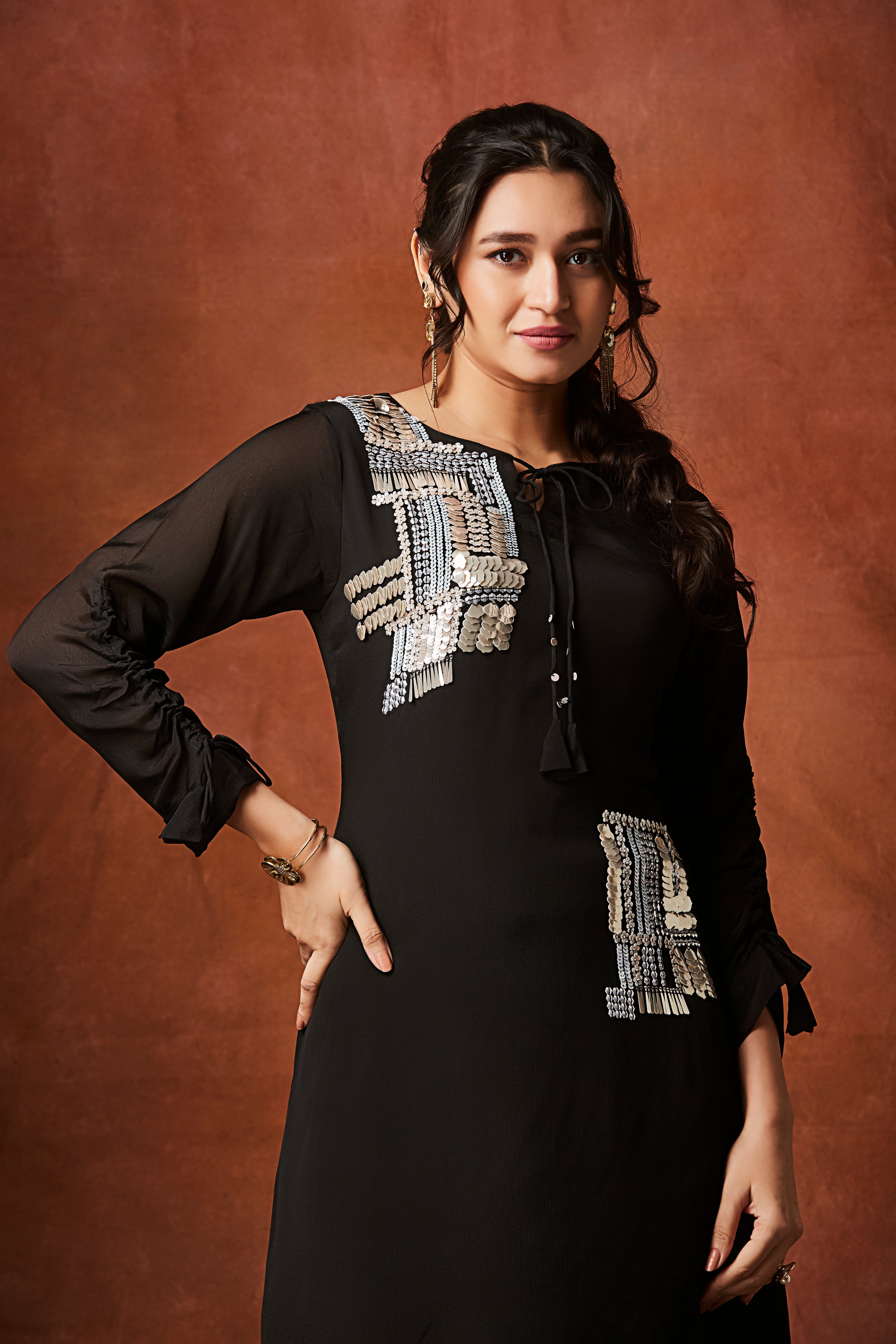 Black Embellished Chinon Silk Palazzo Set