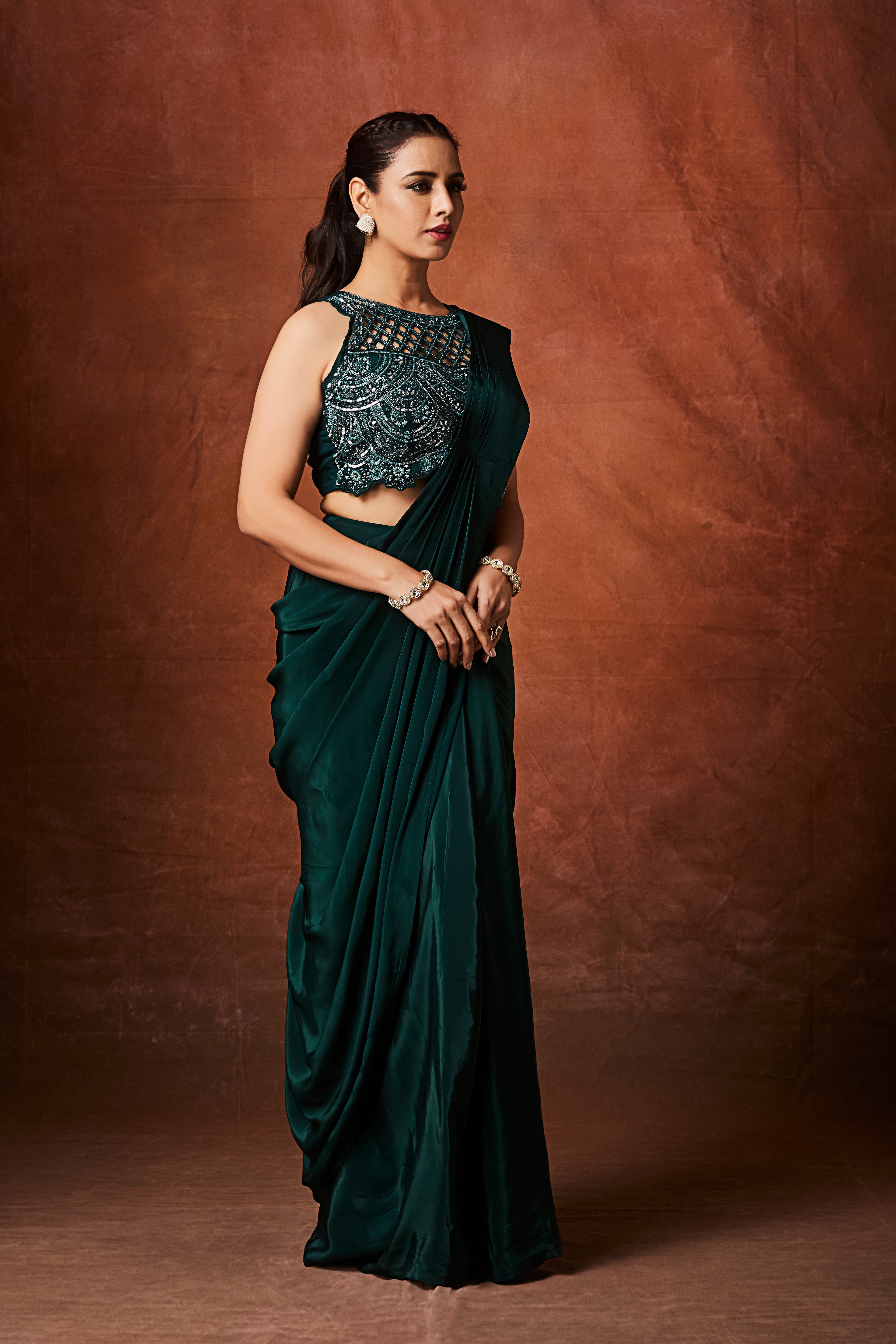 Leaf Green Embellished Crepe Silk Drape Saree