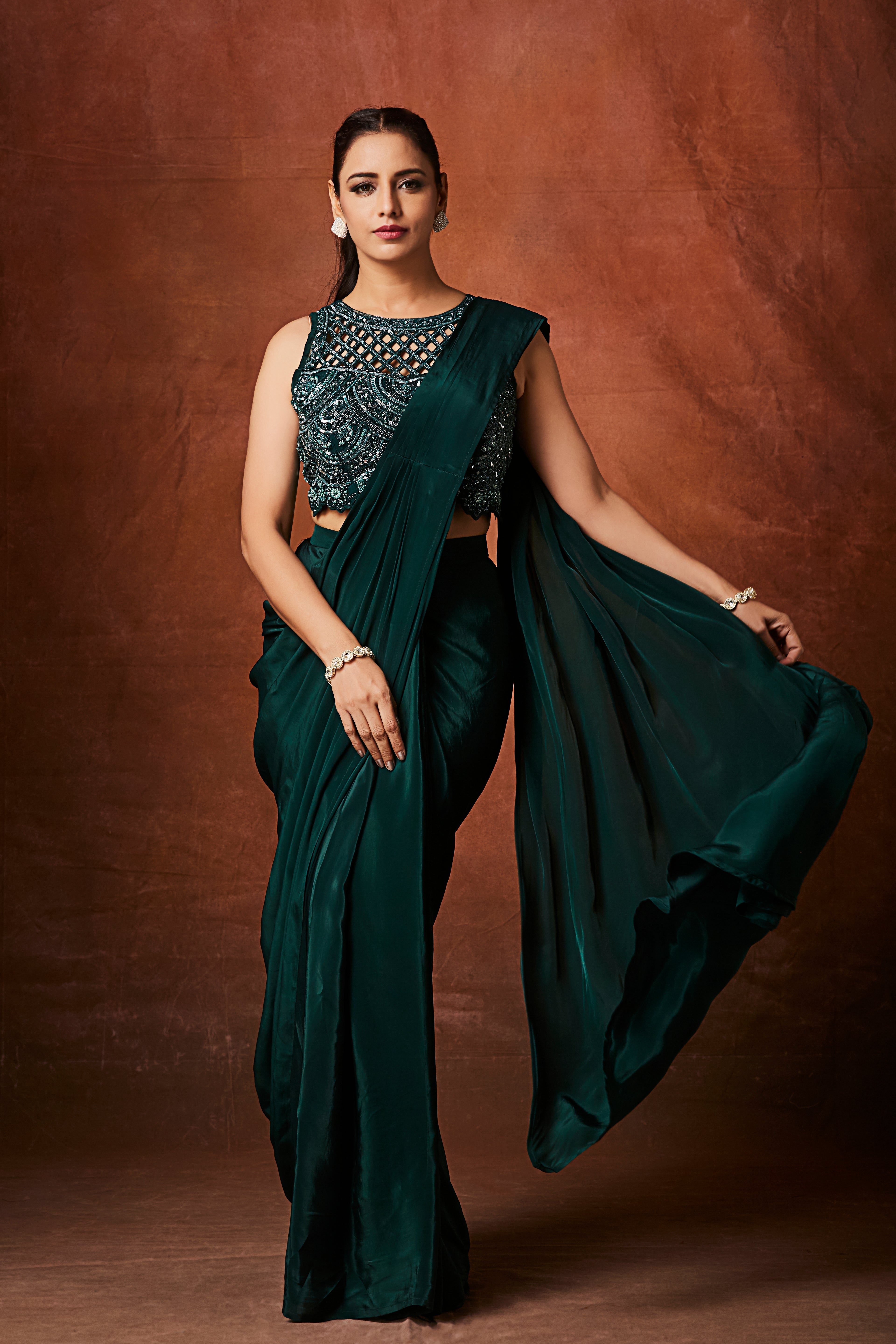 Leaf Green Embellished Crepe Silk Drape Saree