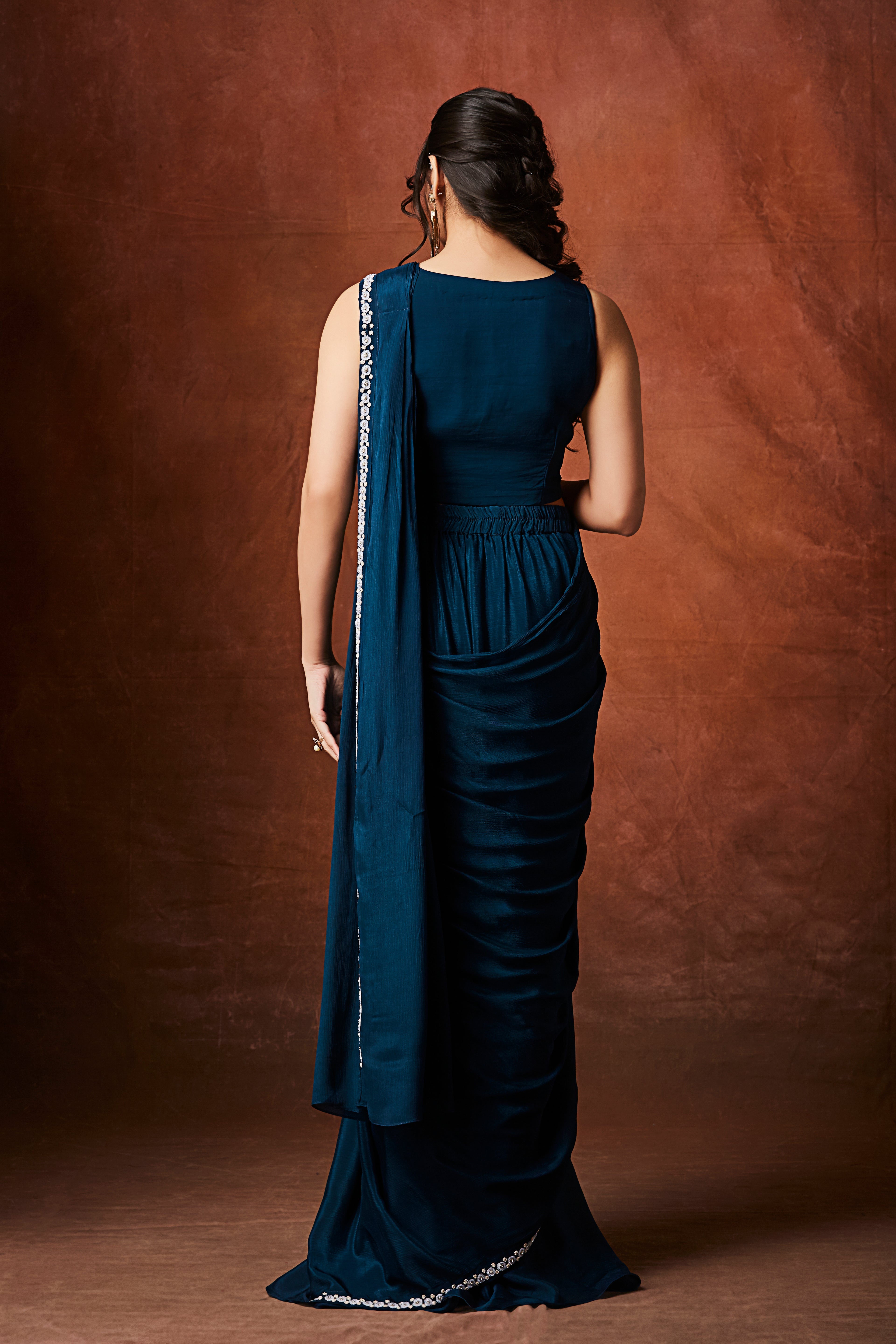 Rich Teal Embellished Chinon Silk Drape Saree