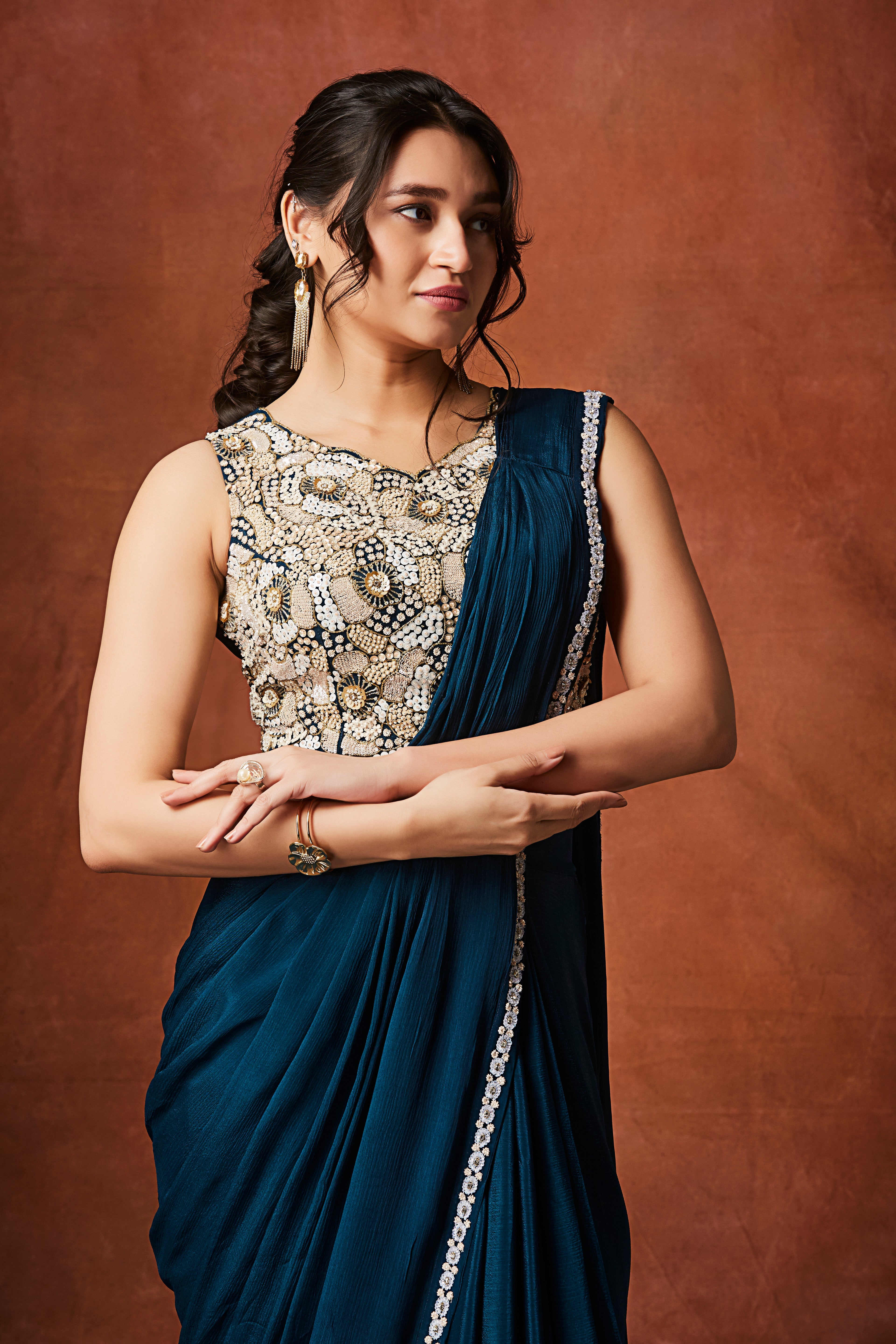 Rich Teal Embellished Chinon Silk Drape Saree