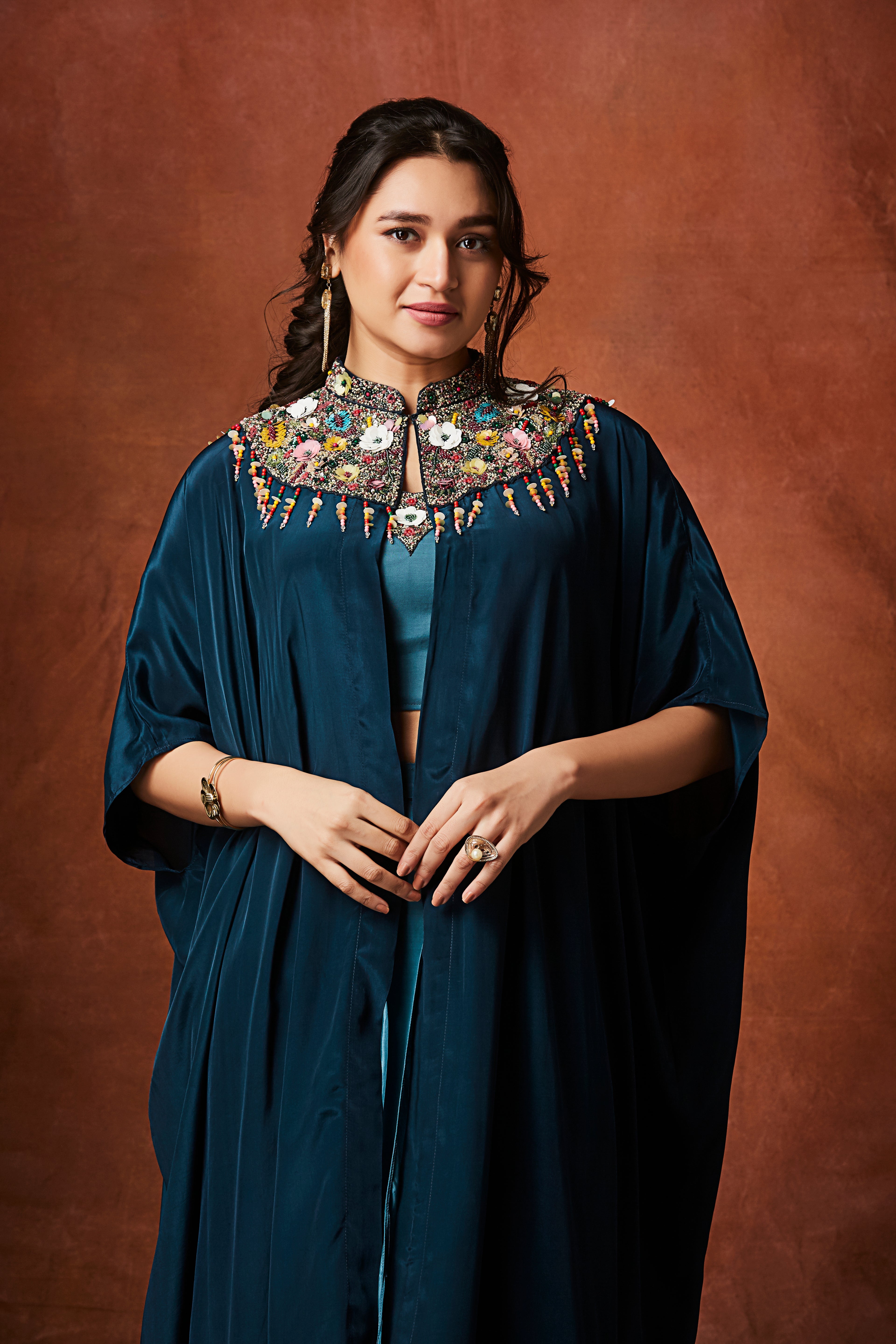 Deep Aqua Teal Embellished Crepe Silk Skirt Set