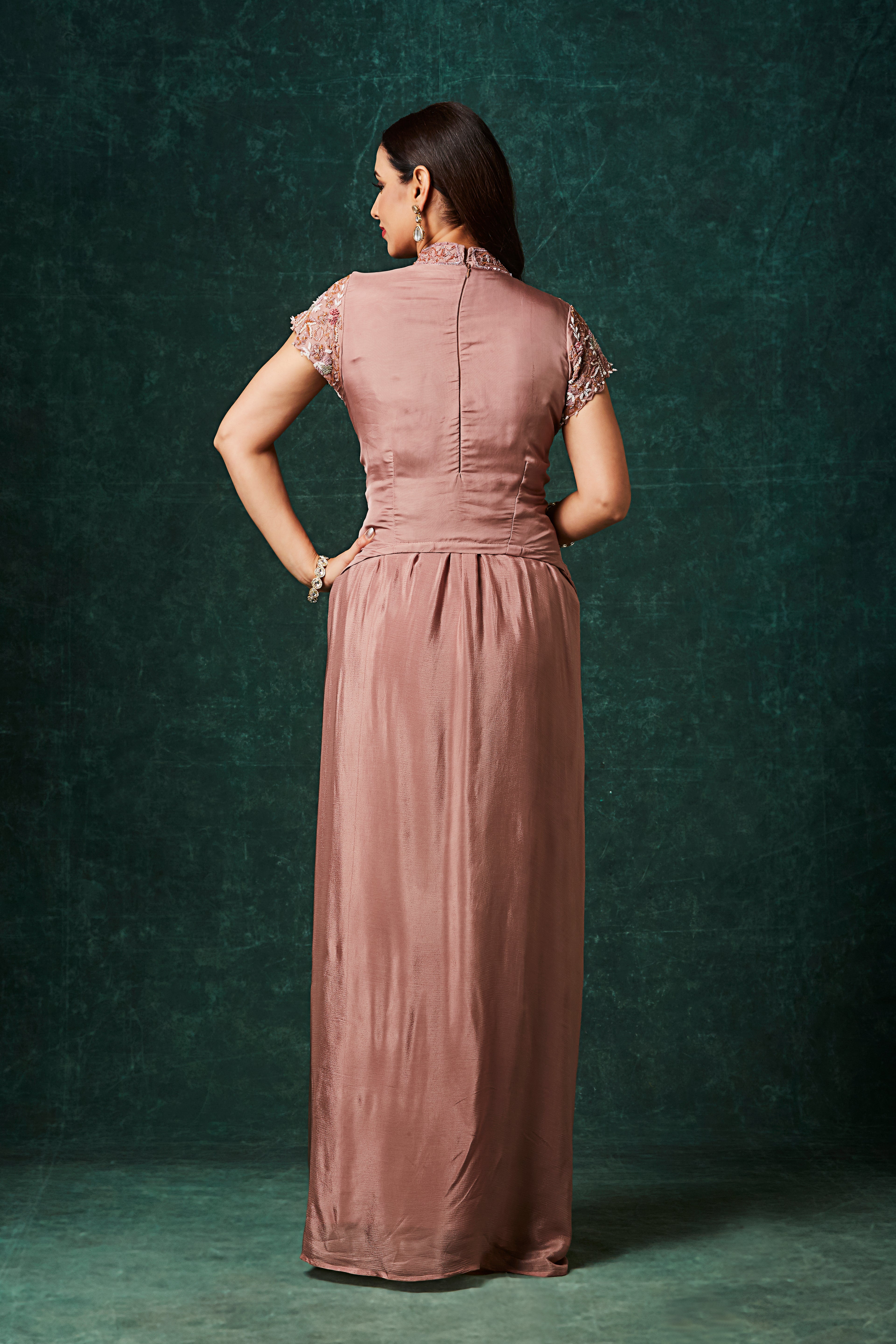 Dusty Rose Embellished Chinon Silk Skirt Set