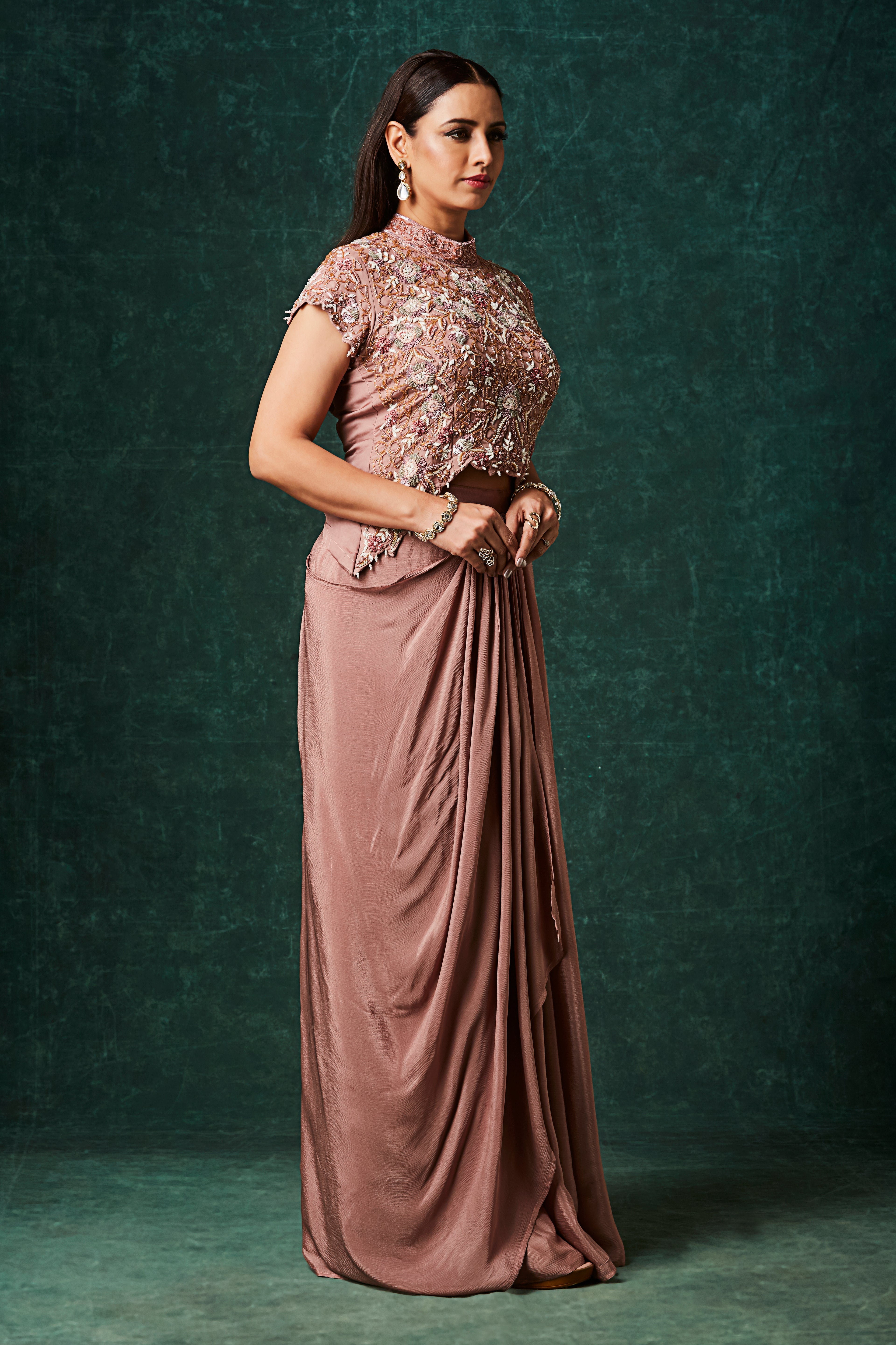 Dusty Rose Embellished Chinon Silk Skirt Set