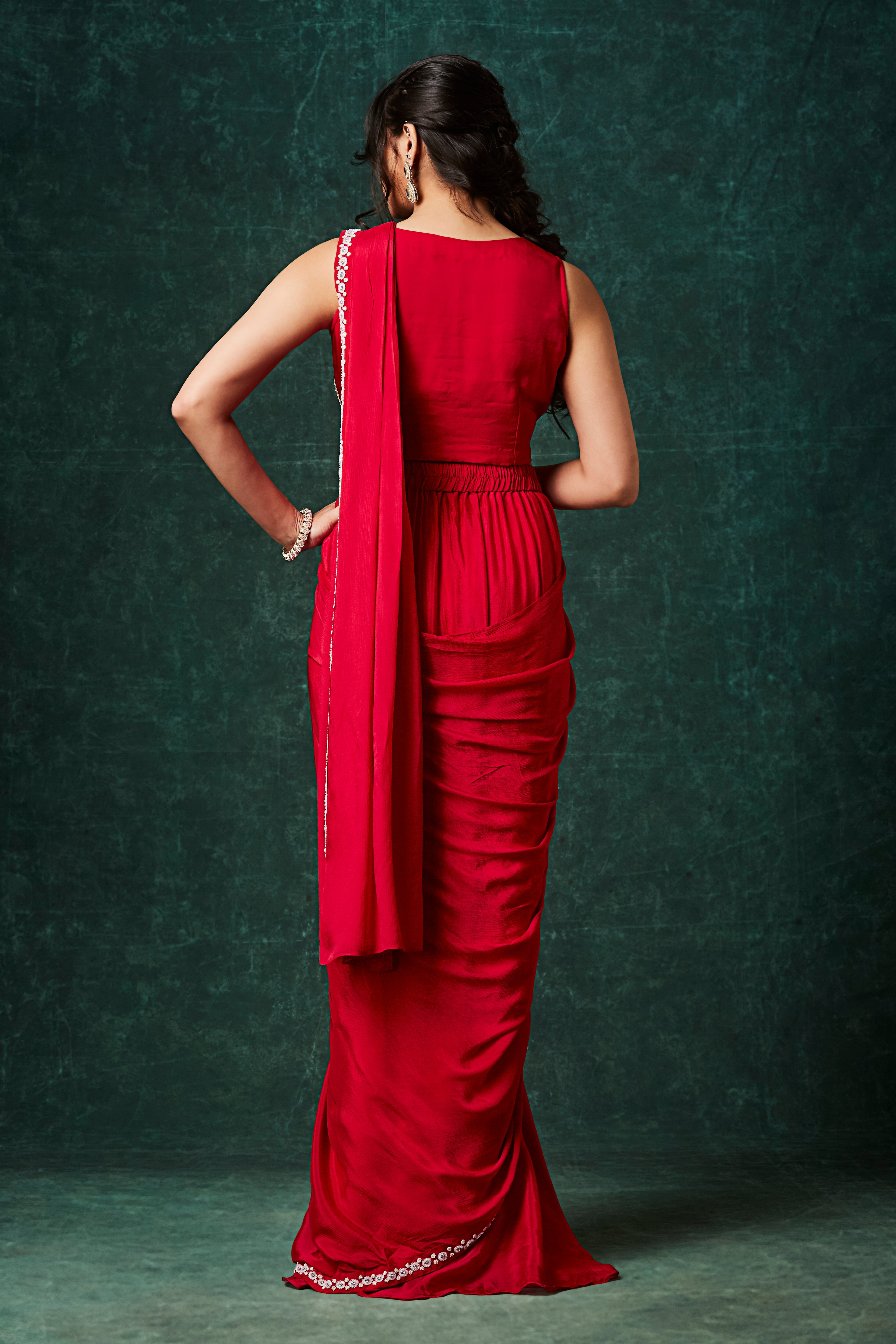 Bold Red Embellished Chinon Silk Drape Saree