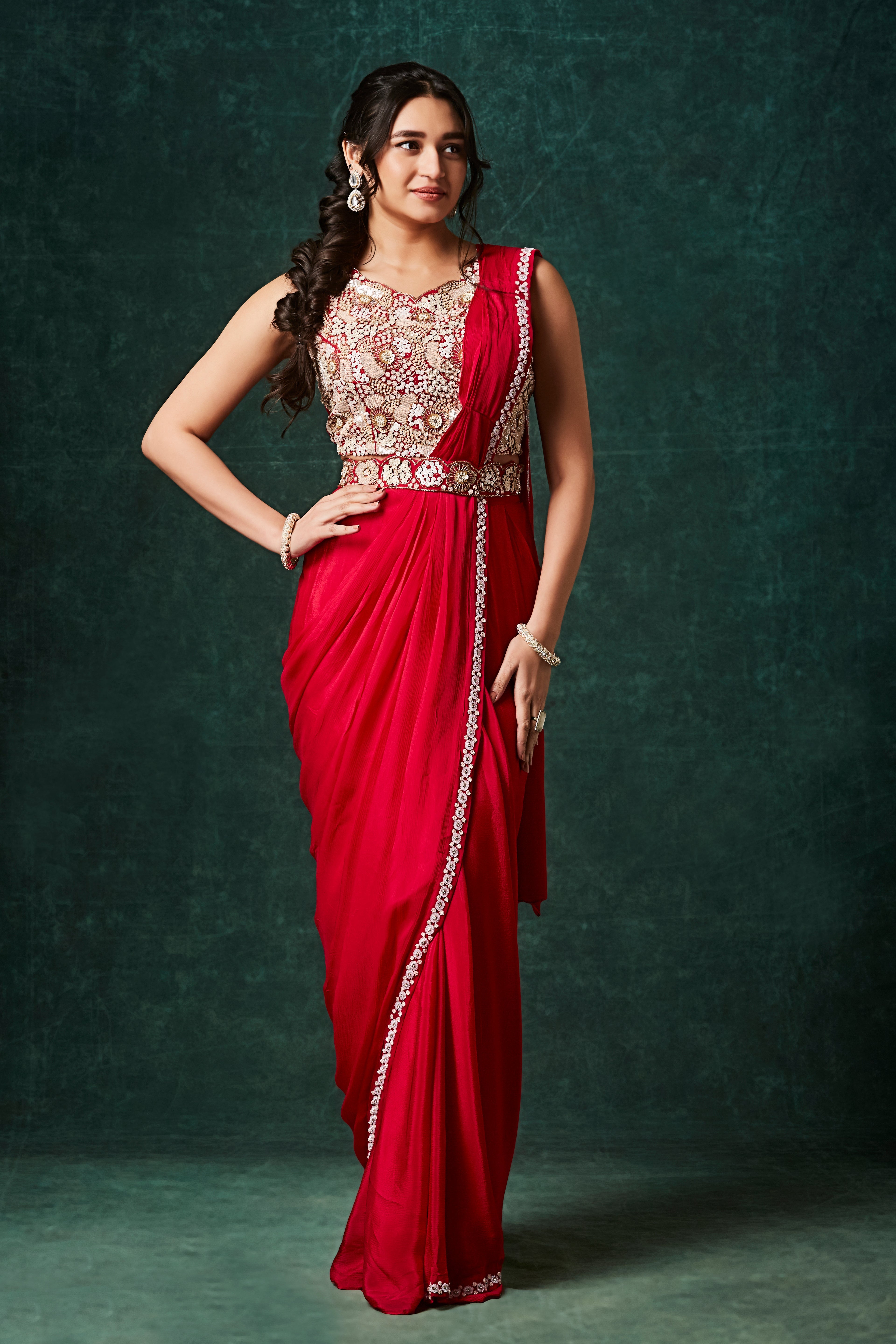 Bold Red Embellished Chinon Silk Drape Saree