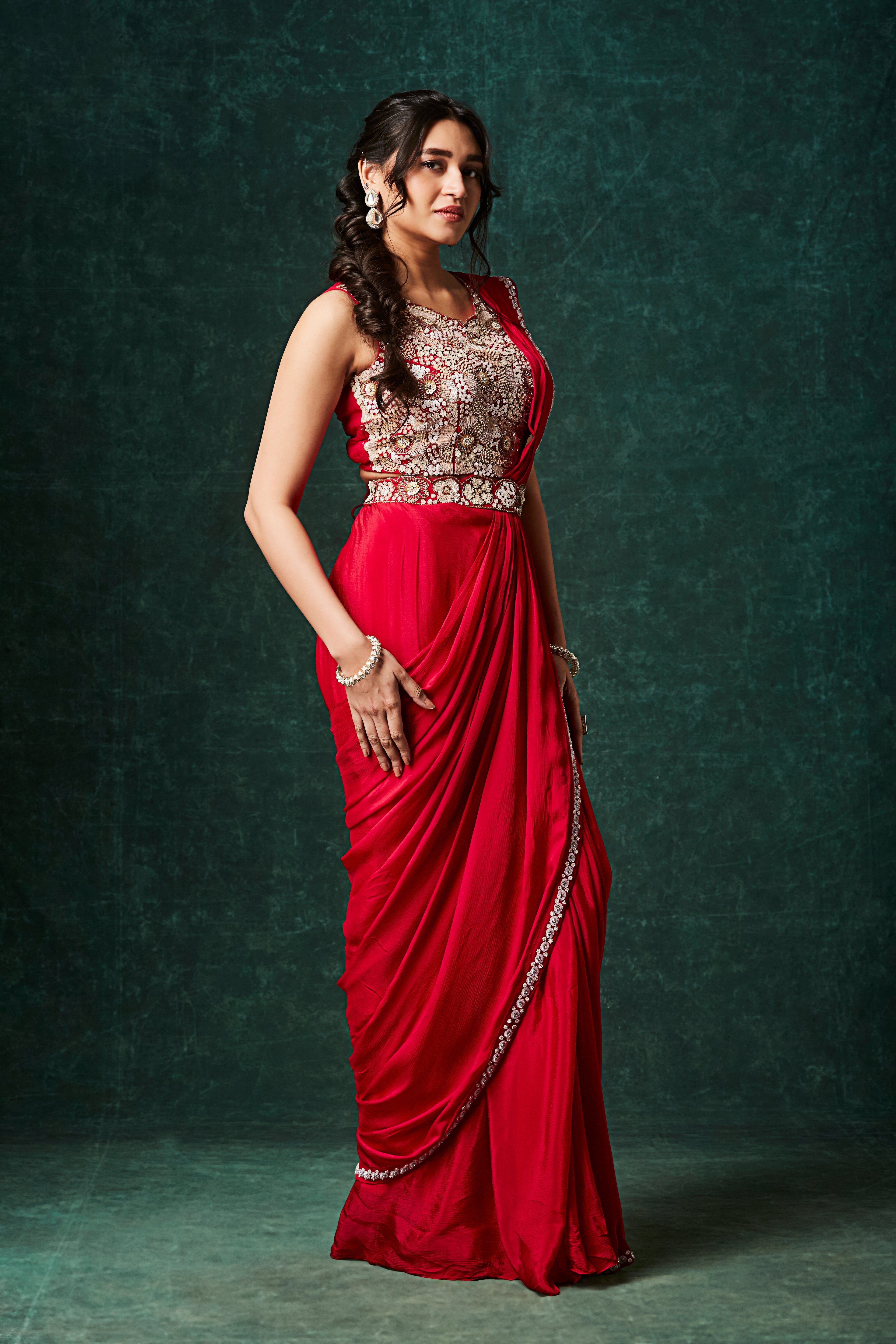 Bold Red Embellished Chinon Silk Drape Saree