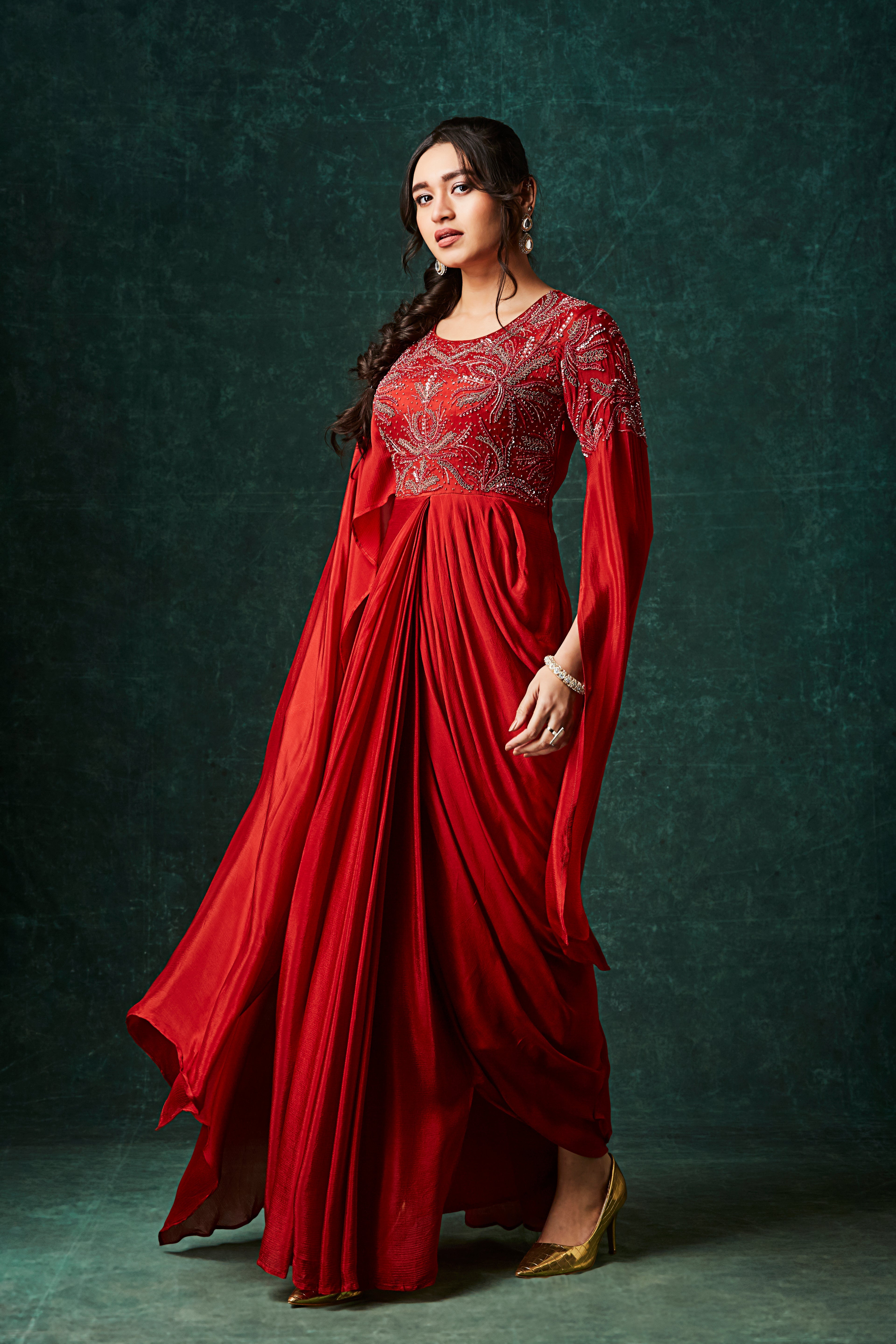 Rust Orange Embellished Chinon Silk Gown