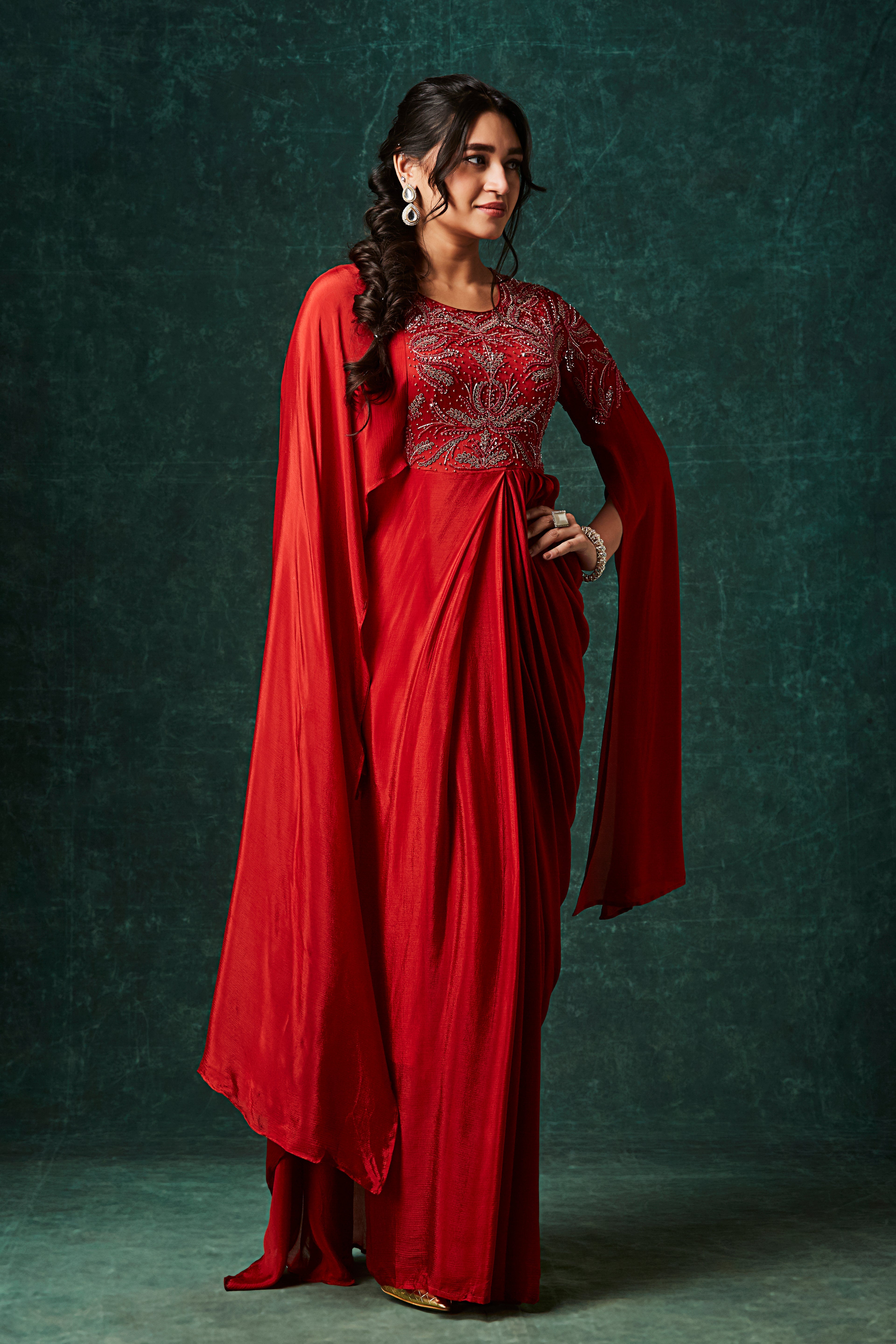 Rust Orange Embellished Chinon Silk Gown