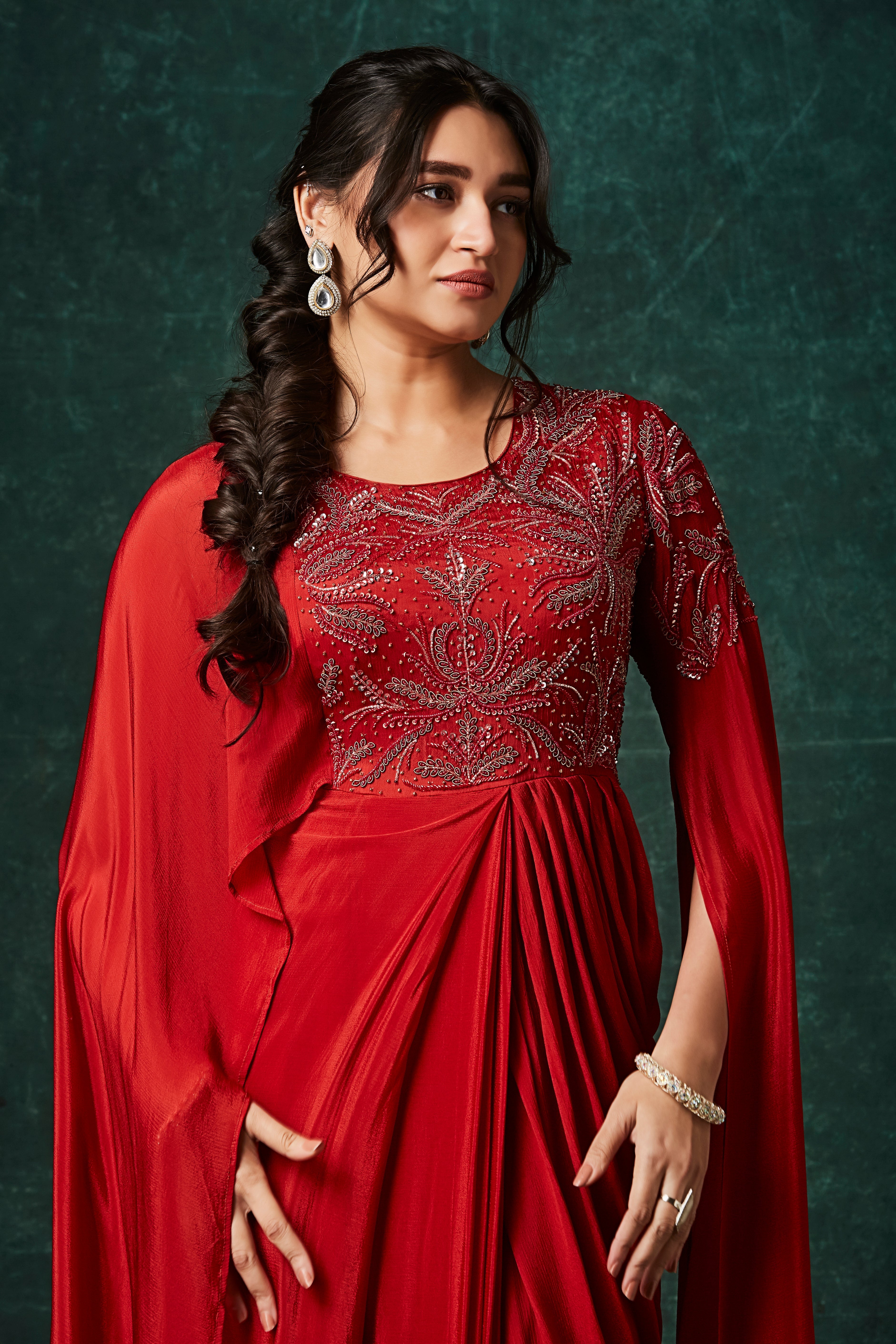 Rust Orange Embellished Chinon Silk Gown