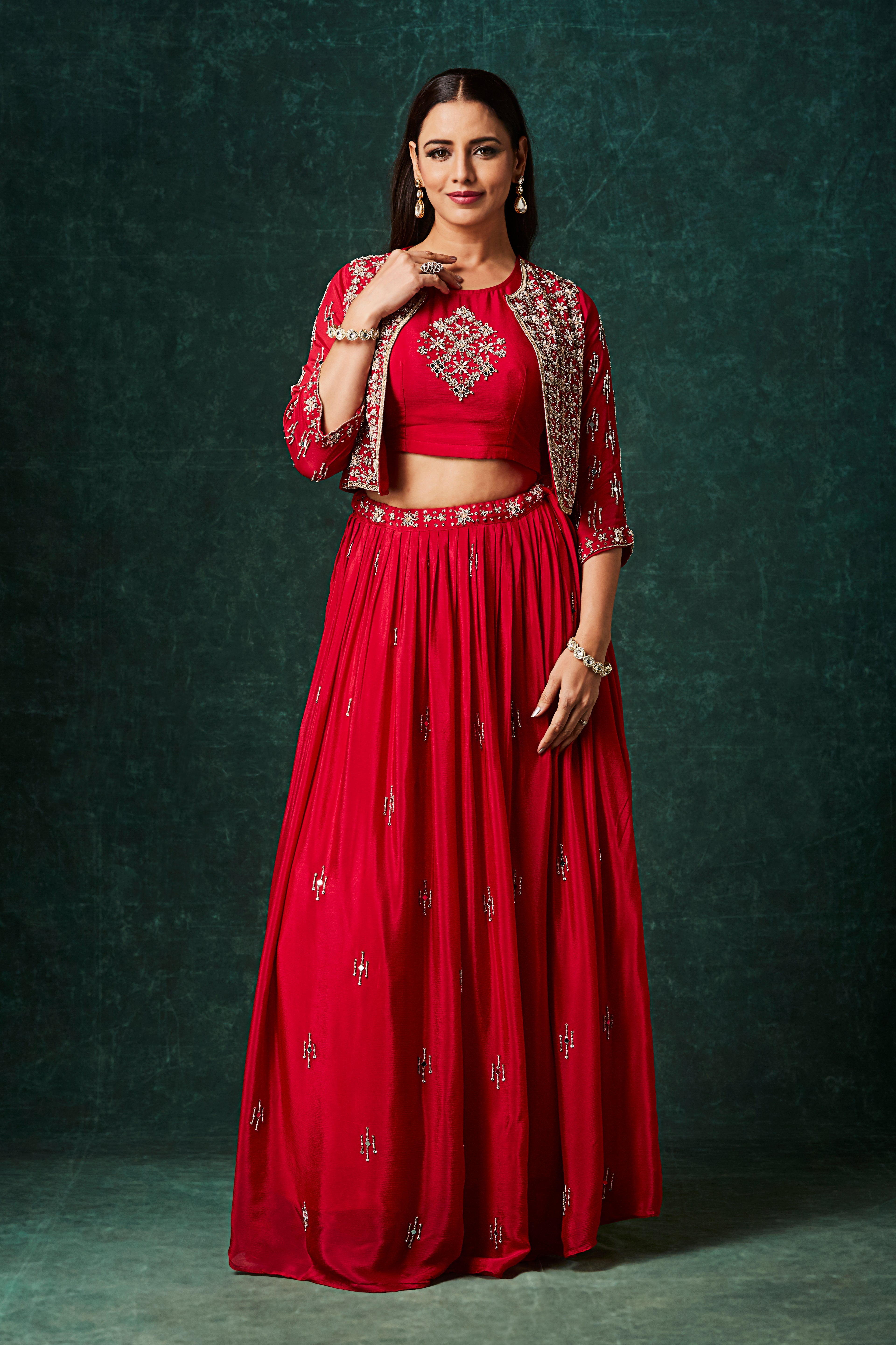 Vivid Red Embellished Chinon Silk Skirt Set