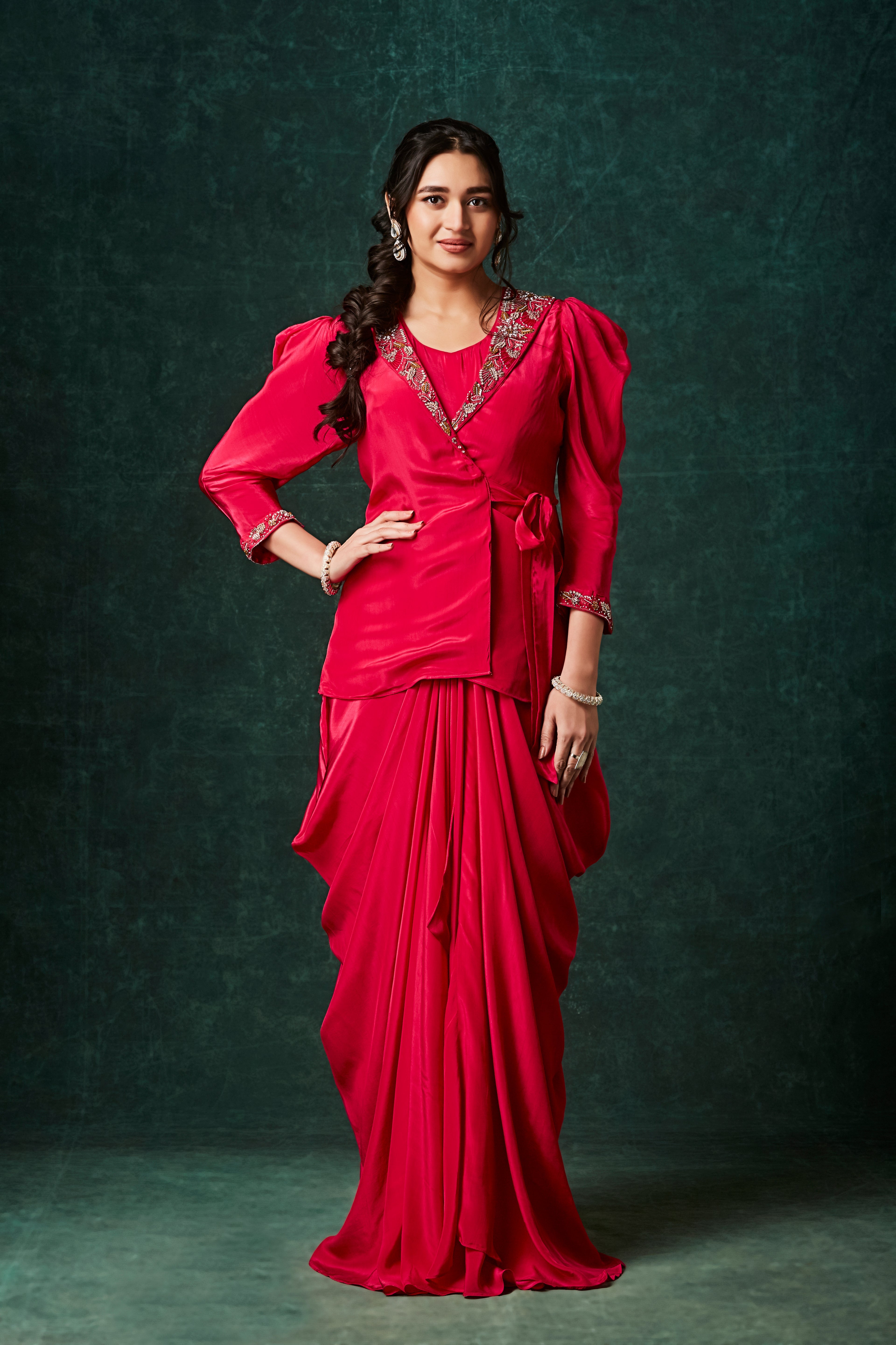 Vibrant Red Embellished Crepe Silk Skirt Set