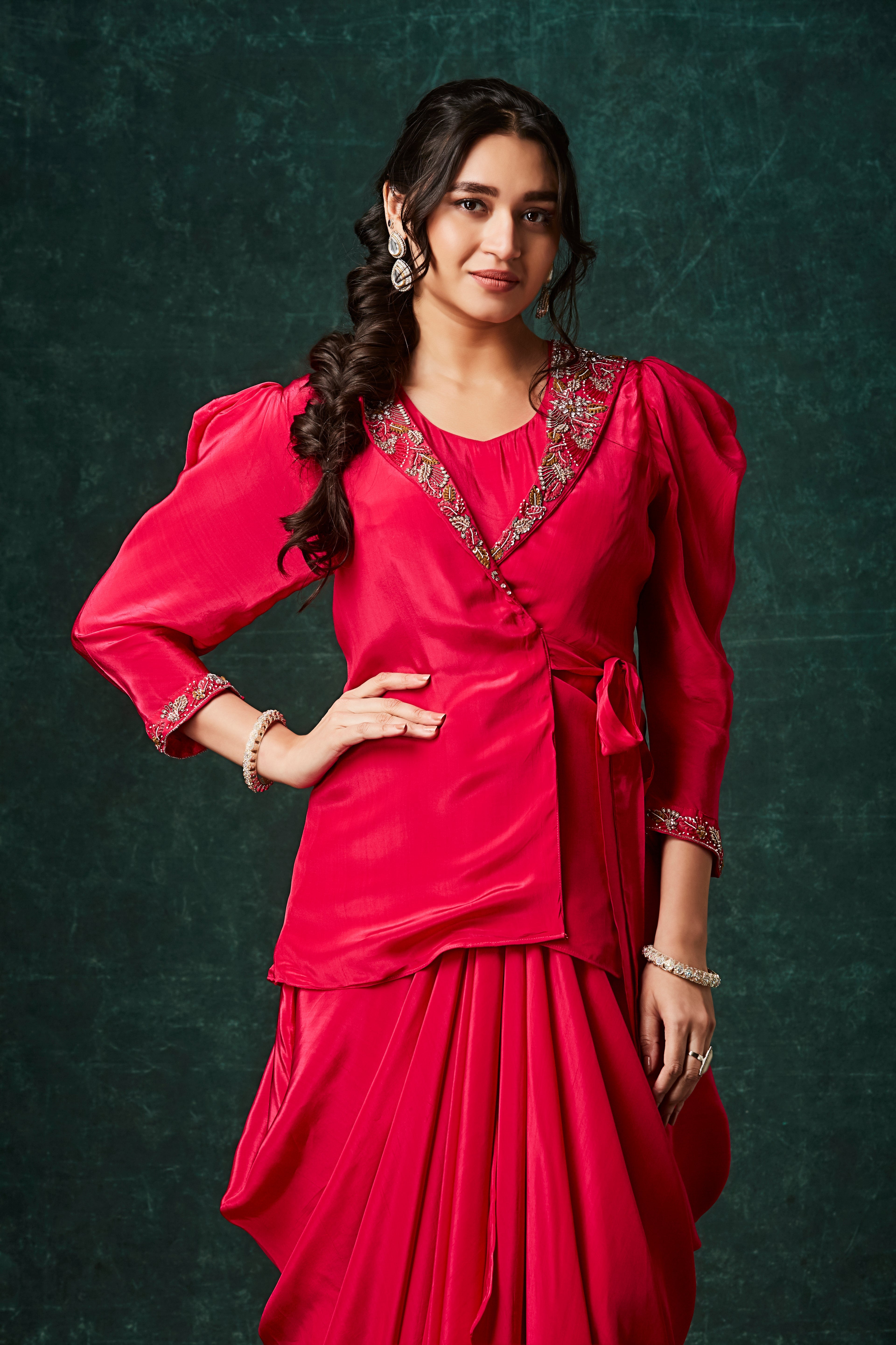 Vibrant Red Embellished Crepe Silk Skirt Set