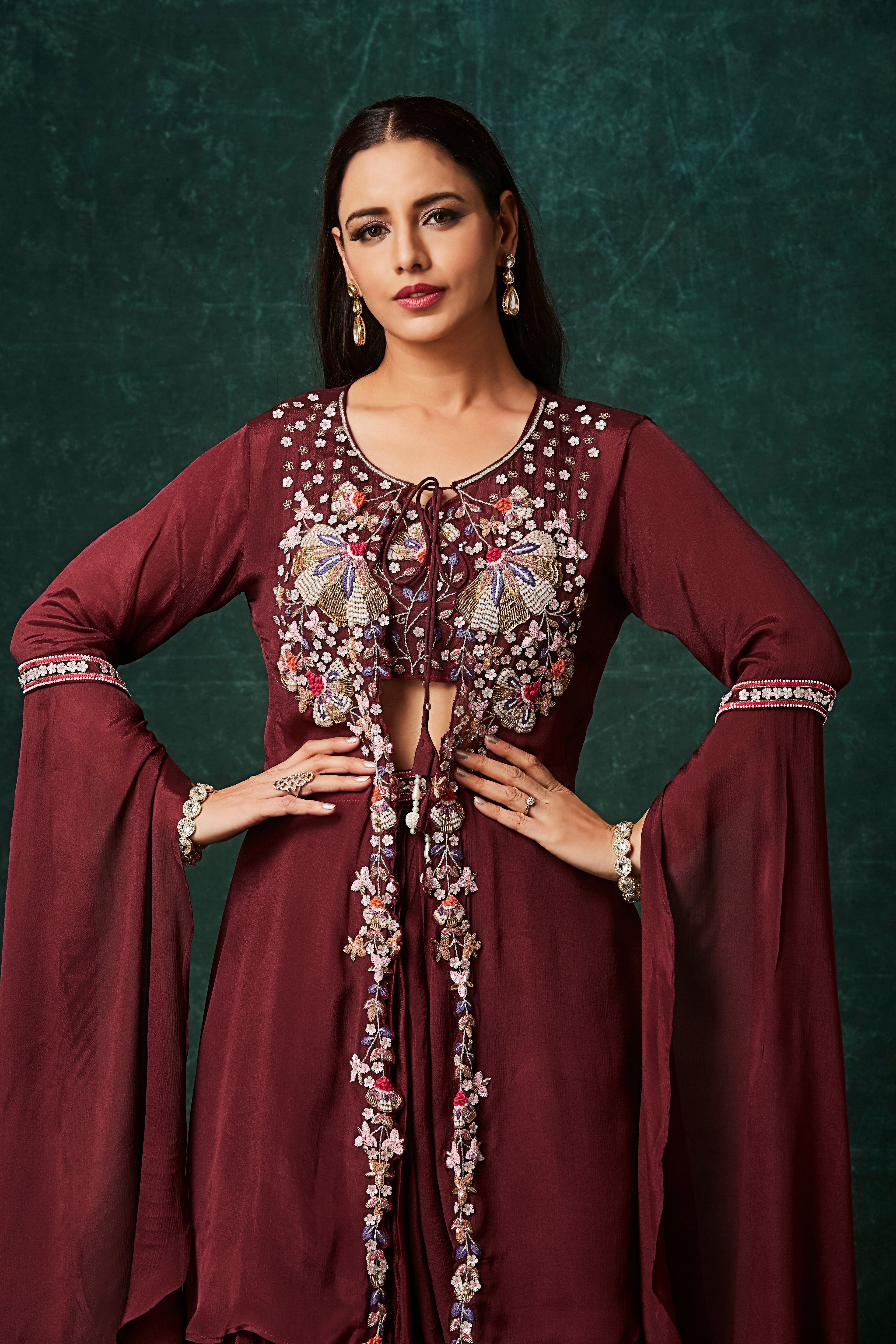 Rosewood Embellished Chinon Silk Drape Skirt Set