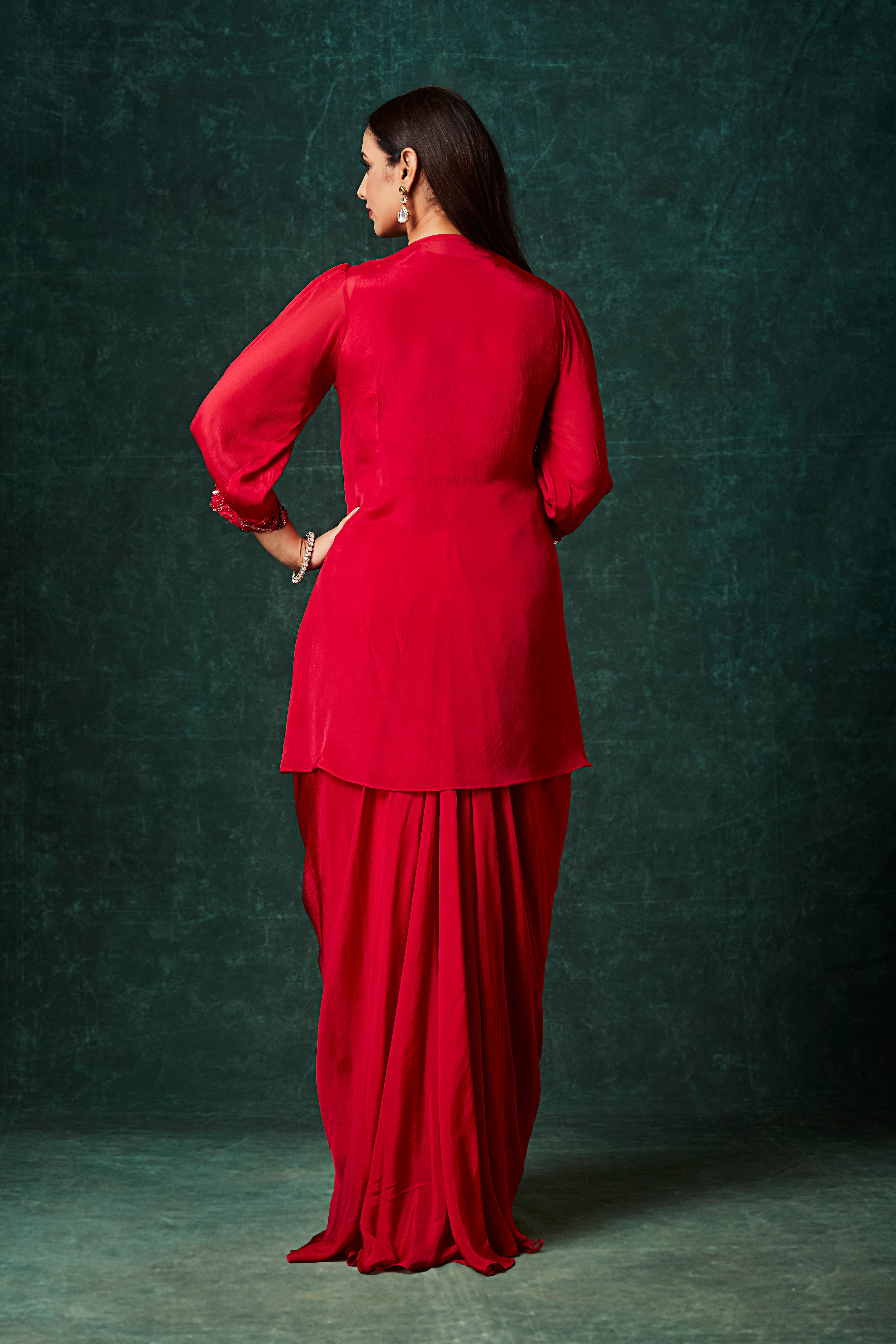 Fiery Red Embellished Chinon Silk Skirt Set