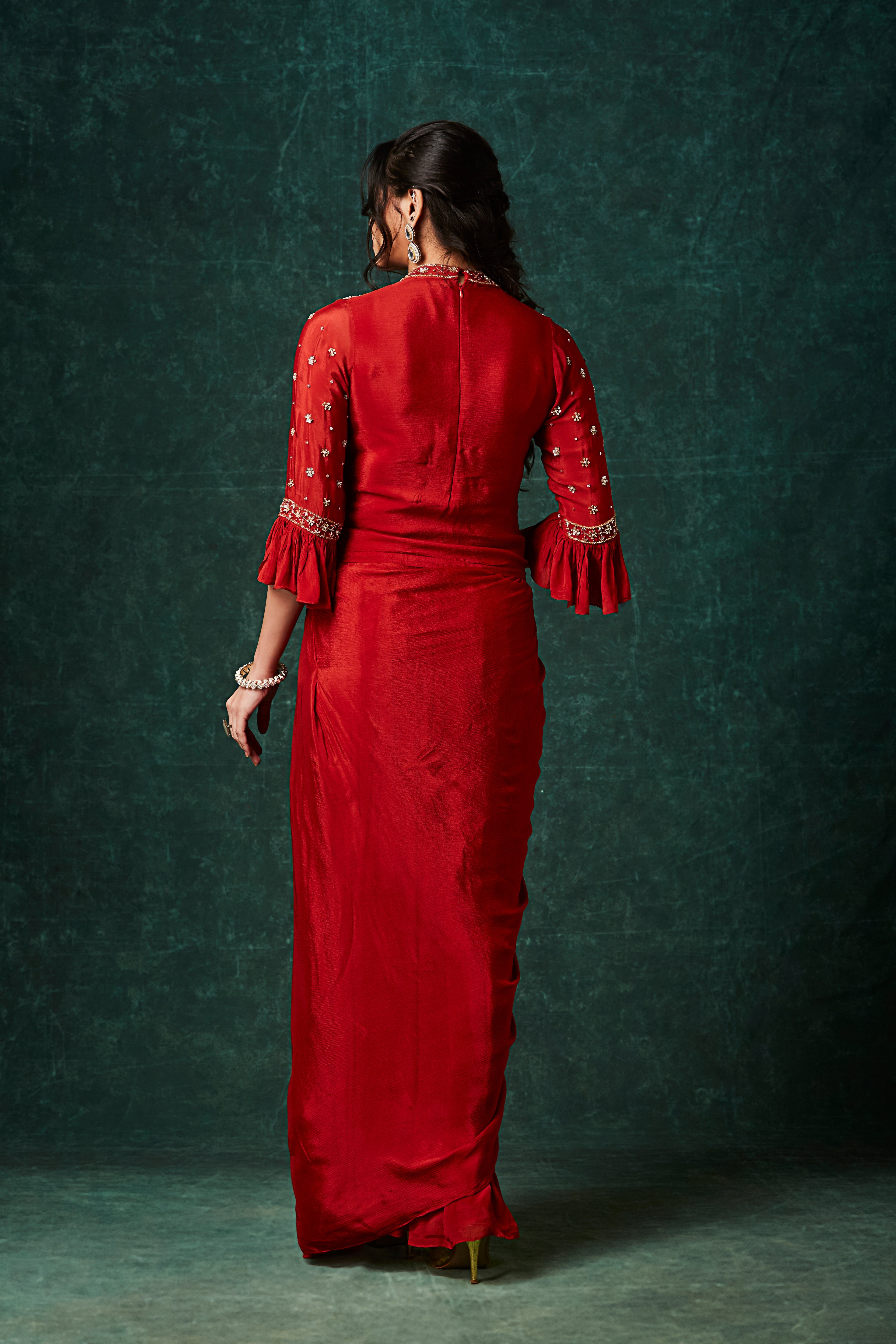 Vibrant Orange Embellished Chinon Silk Skirt Set