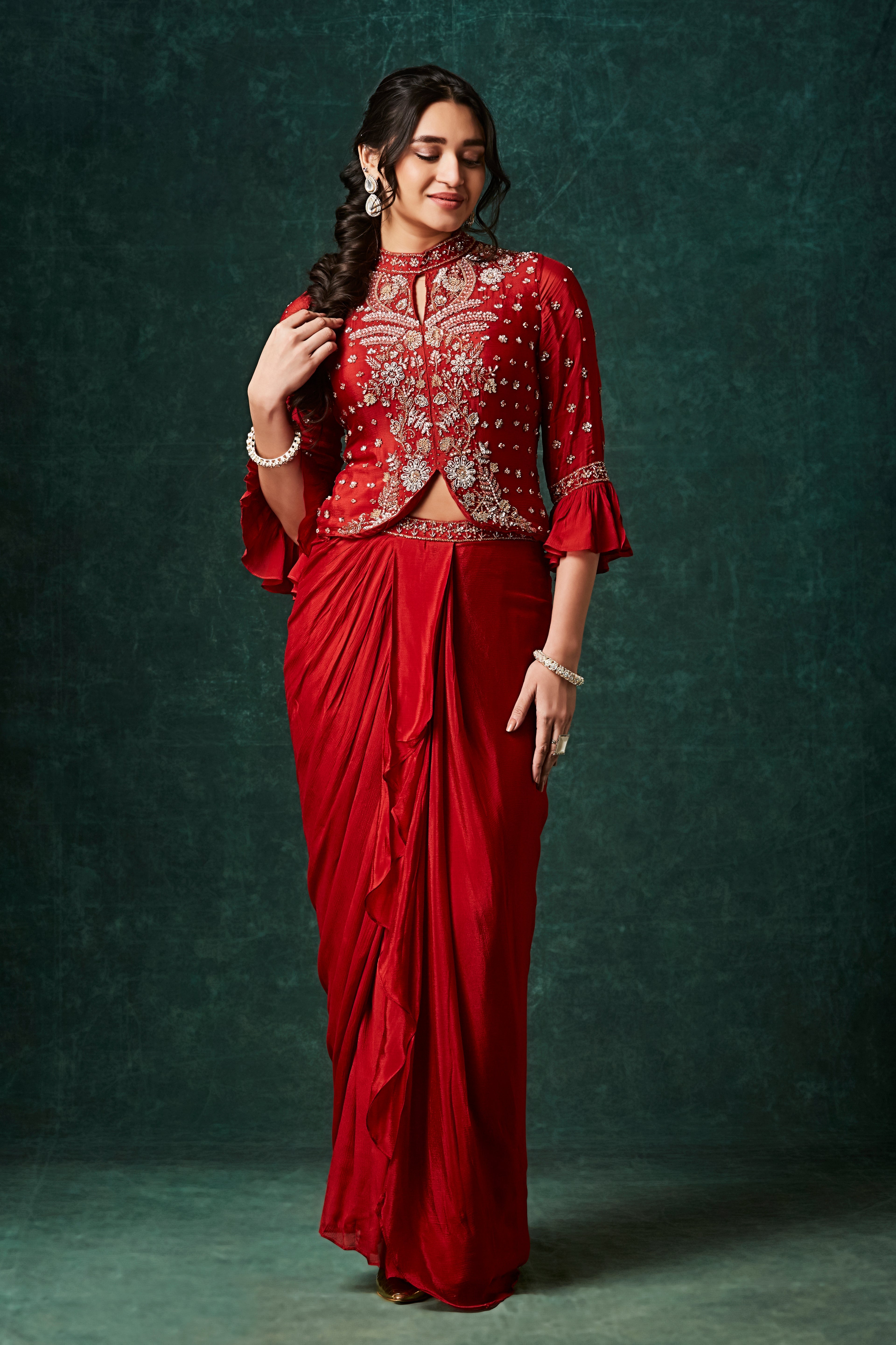 Vibrant Orange Embellished Chinon Silk Skirt Set