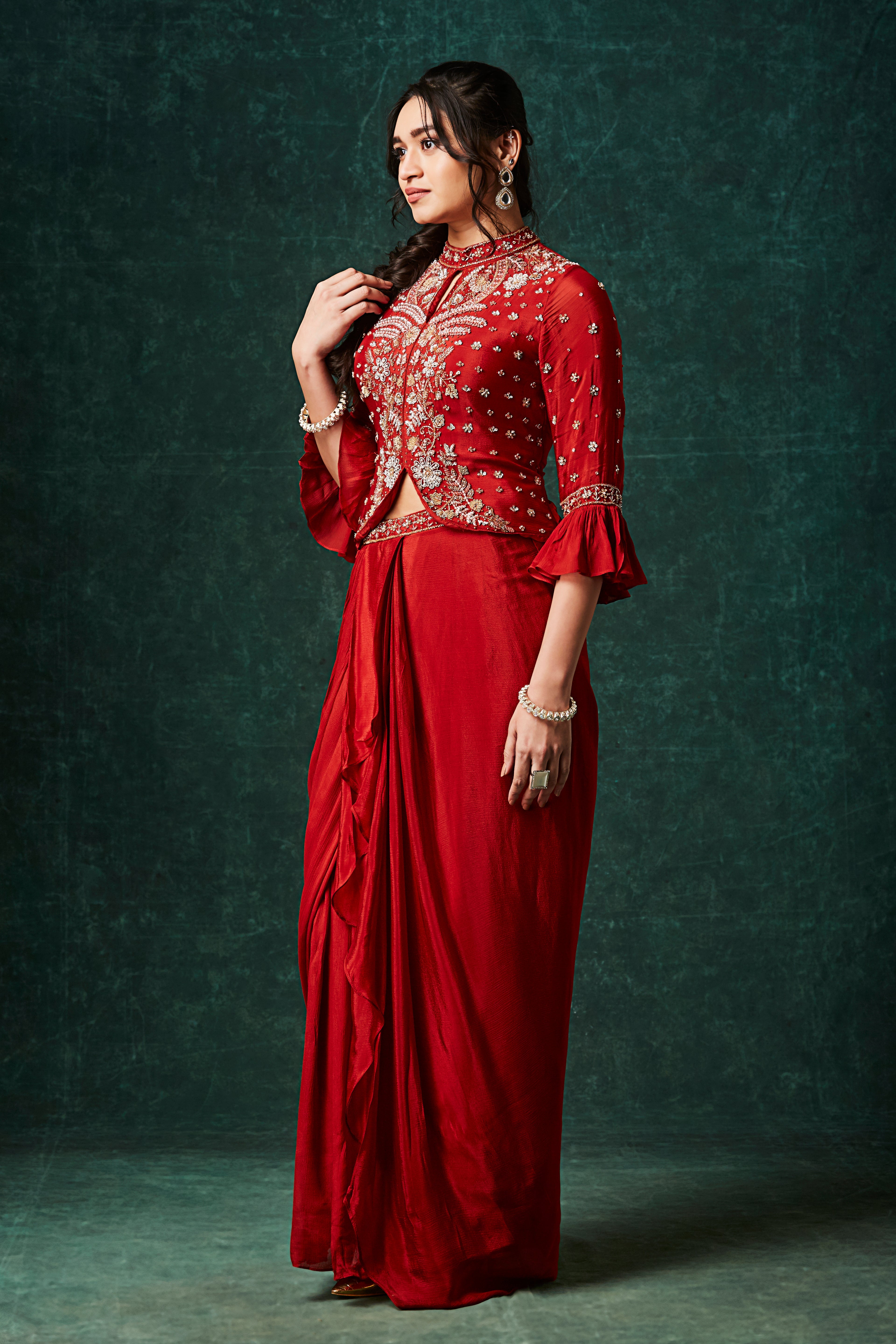 Vibrant Orange Embellished Chinon Silk Skirt Set