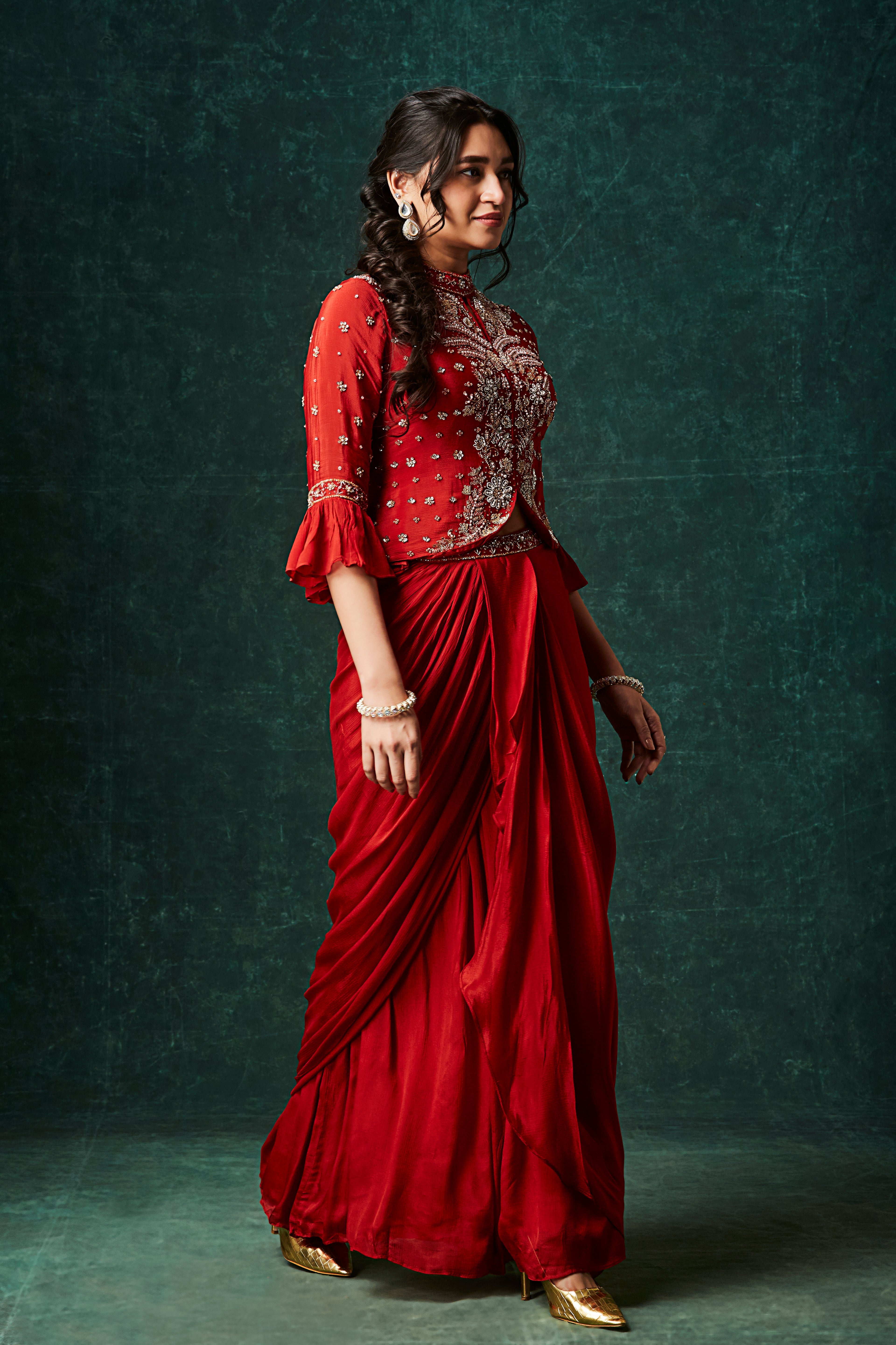 Vibrant Orange Embellished Chinon Silk Skirt Set