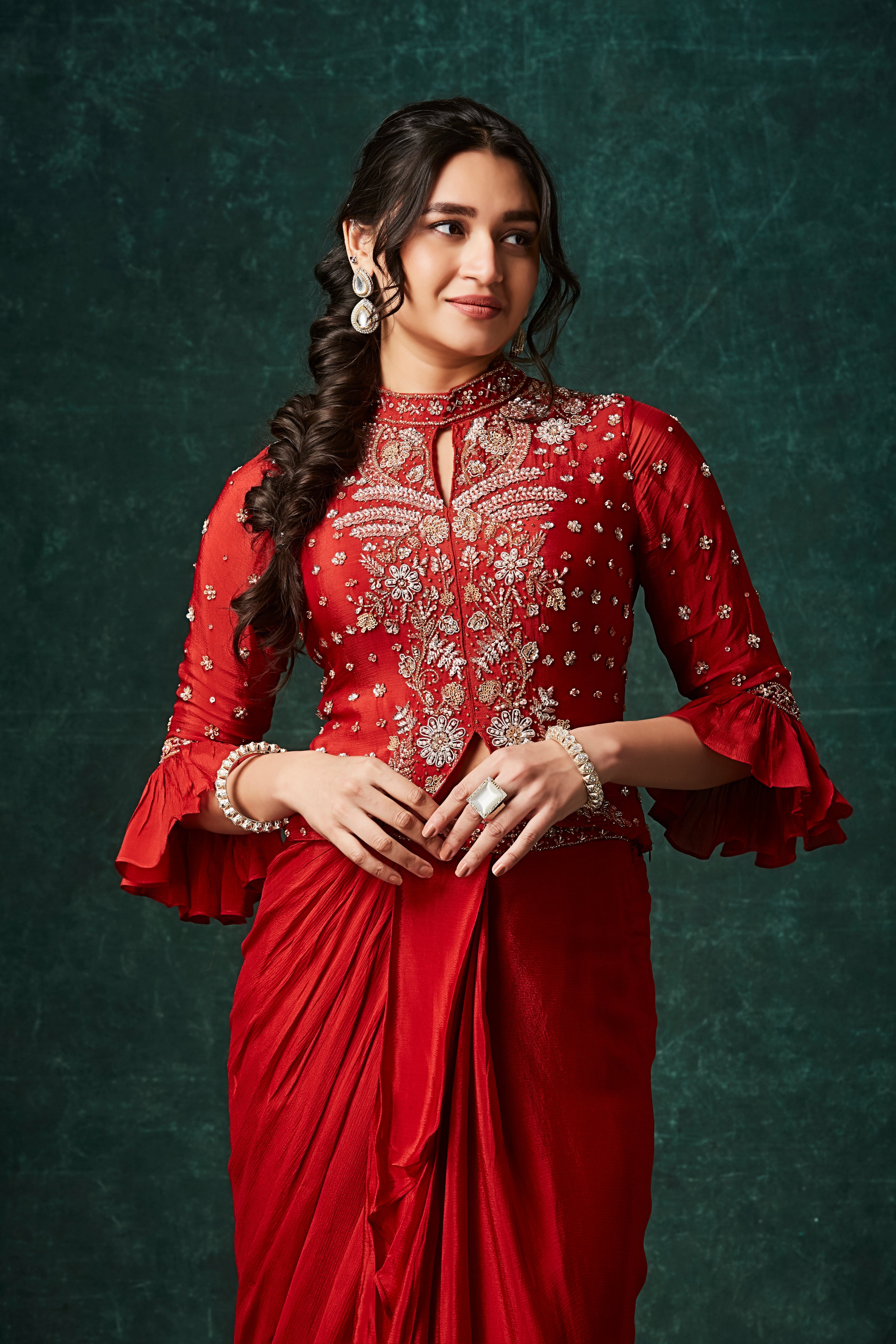 Vibrant Orange Embellished Chinon Silk Skirt Set